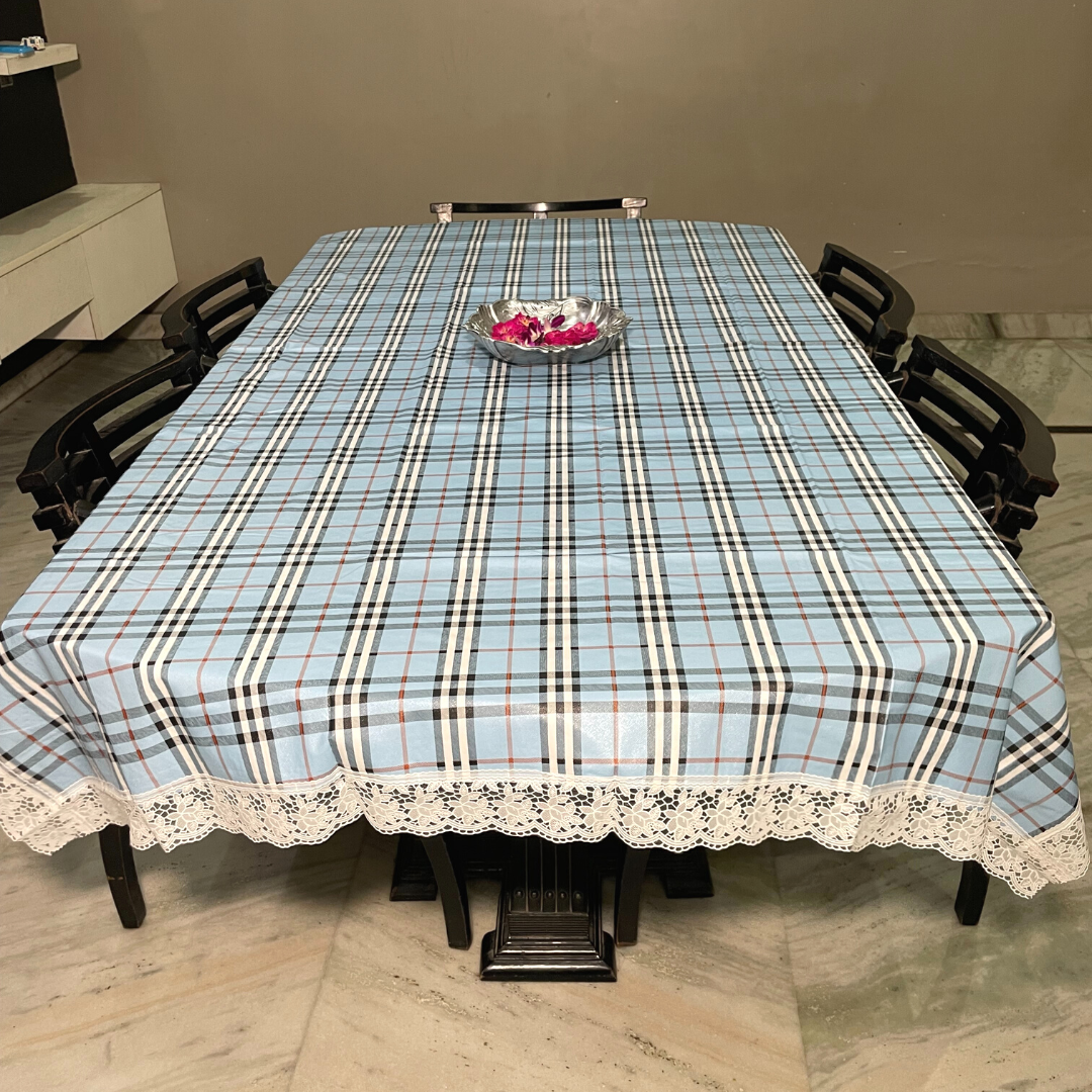 blue color burberry table cover for 6 seater dining table check printed design