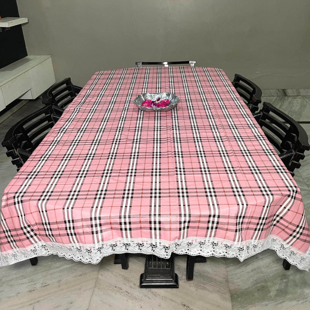 pink color burberry table cover for 6 seater dining table check printed design