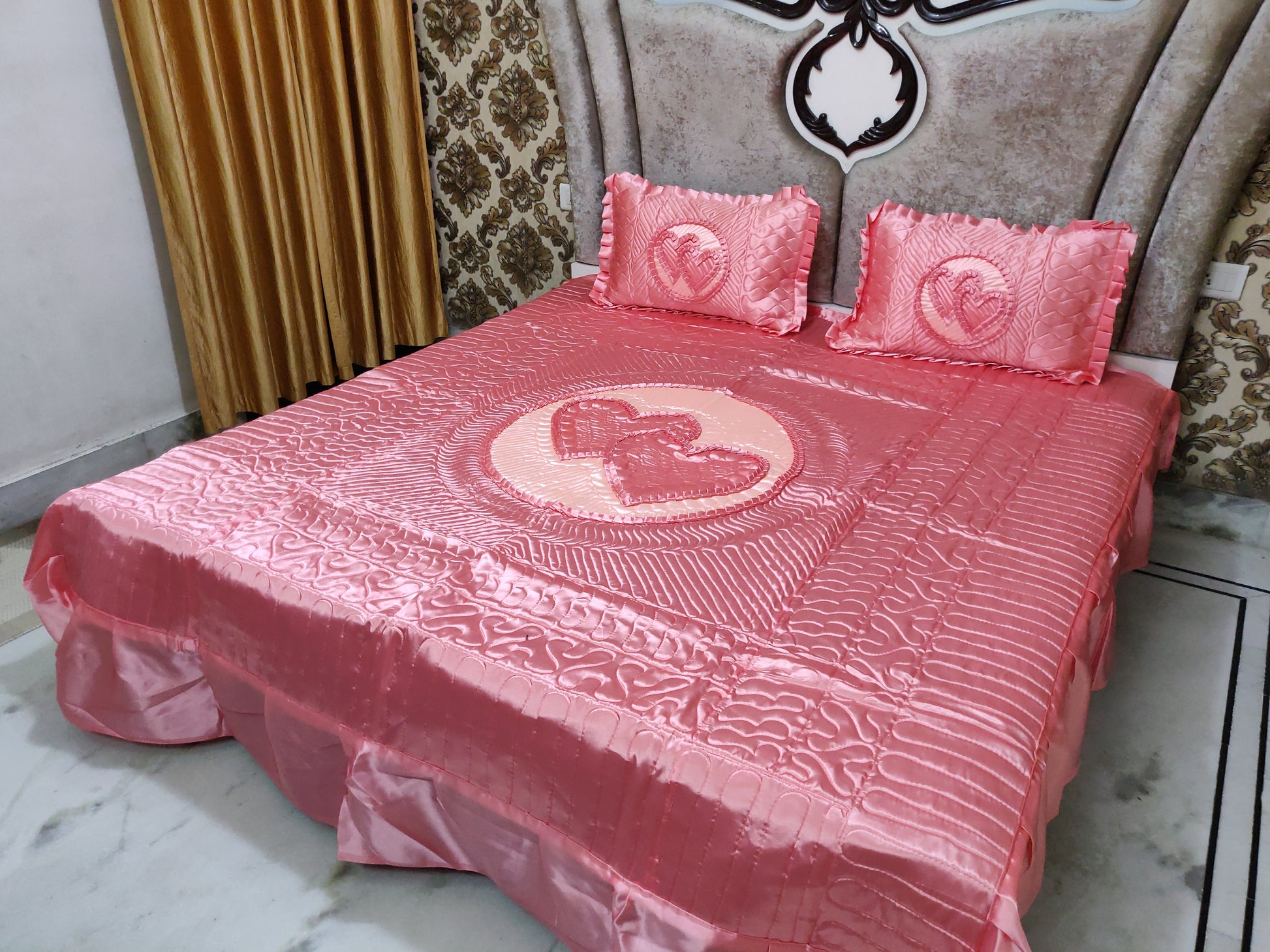 loomsmith-satin-quilted-wedding-bedsheet-in-king-size-pink-color-with-two-pillow-covers-hearts-in-center-and-on-pillow-cover