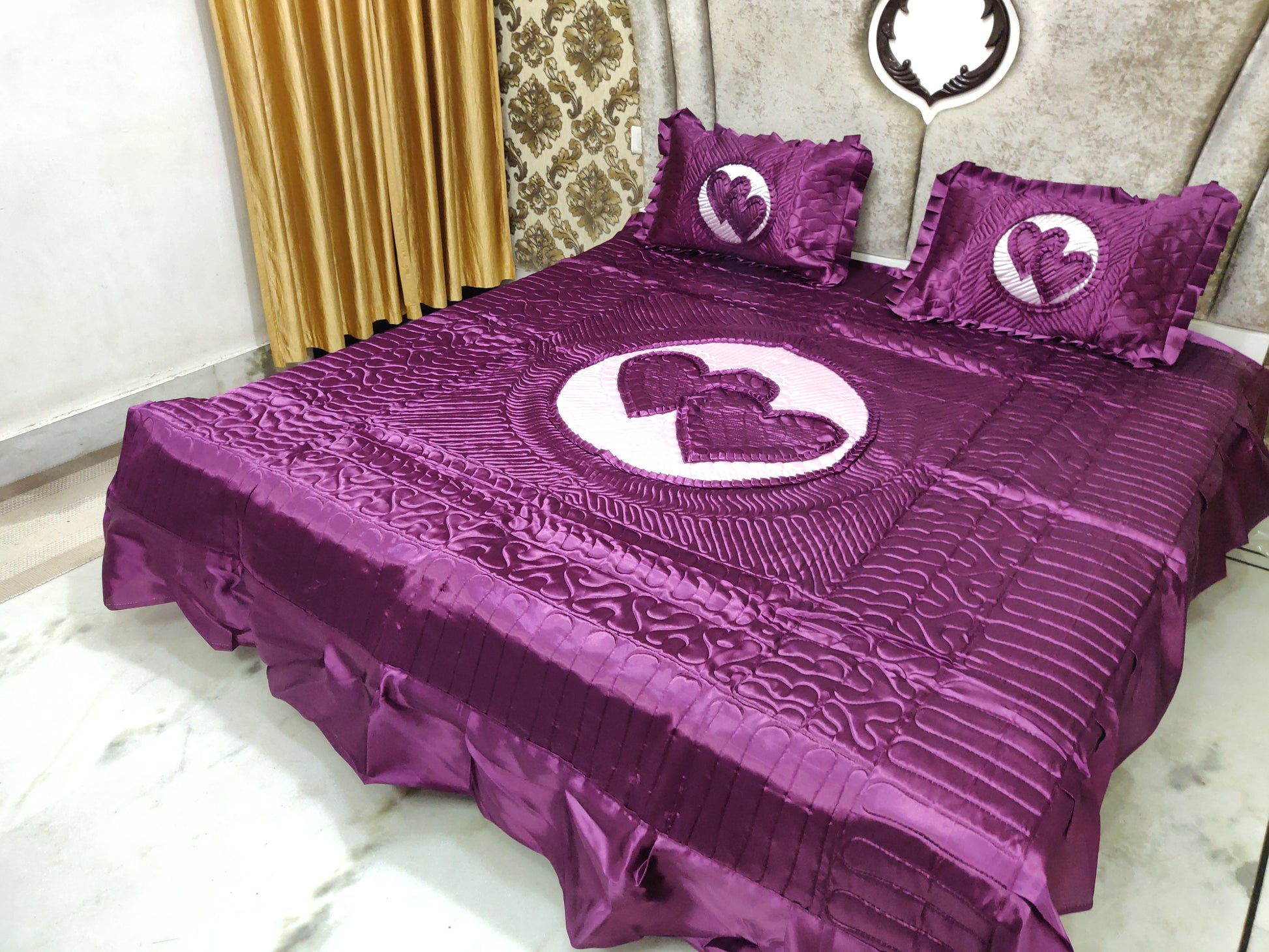 loomsmith-satin-quilted-wedding-bedsheet-in-king-size-wine-color-with-two-pillow-covers-hearts-in-center-and-on-pillow-cover