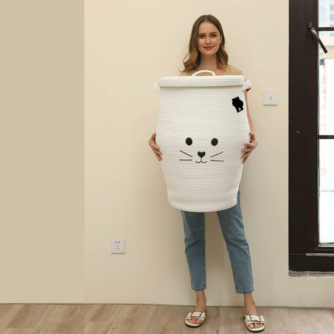 cat face storage basket with lid in white design1 color woman carrying it with strong handles in background