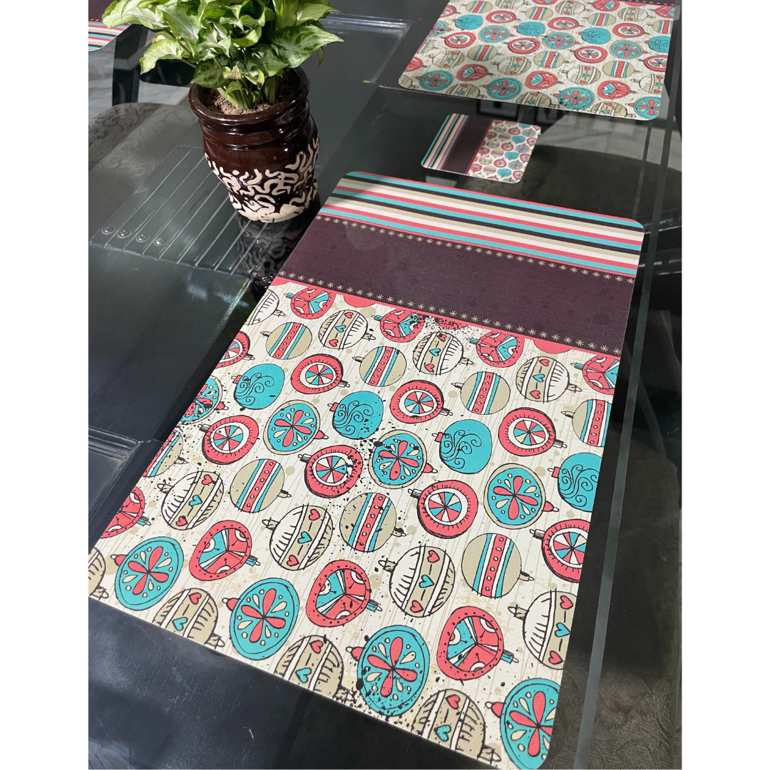 check printed design in brown color dining mats set of 6 with tea coasters placed on glass dining table zoom view