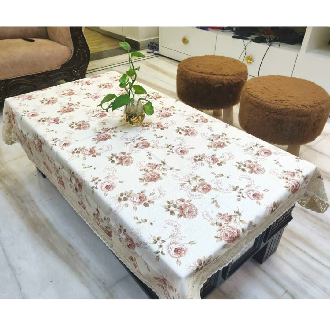 brown colour flowers printed on jute center table cover borders designed with 3 inches designer cotton lace