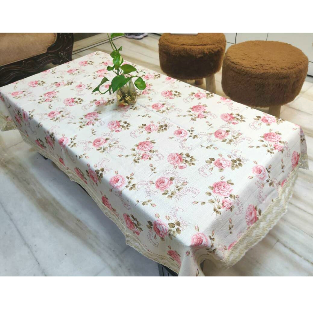 pink colour flowers printed on jute center table cover borders designed with 3 inches designer cotton lace