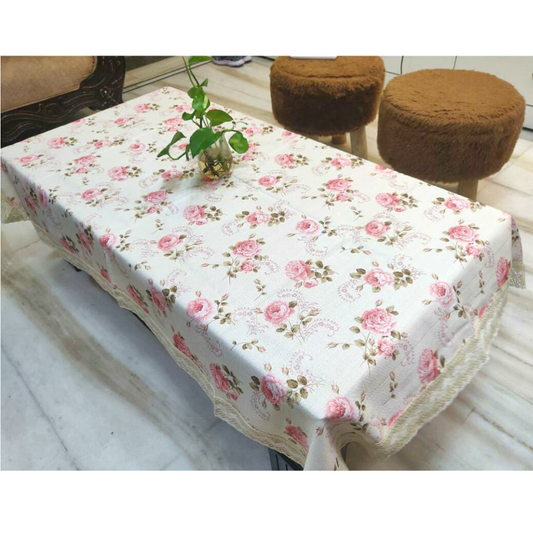 pink colour flowers printed on jute center table cover borders designed with 3 inches designer cotton lace