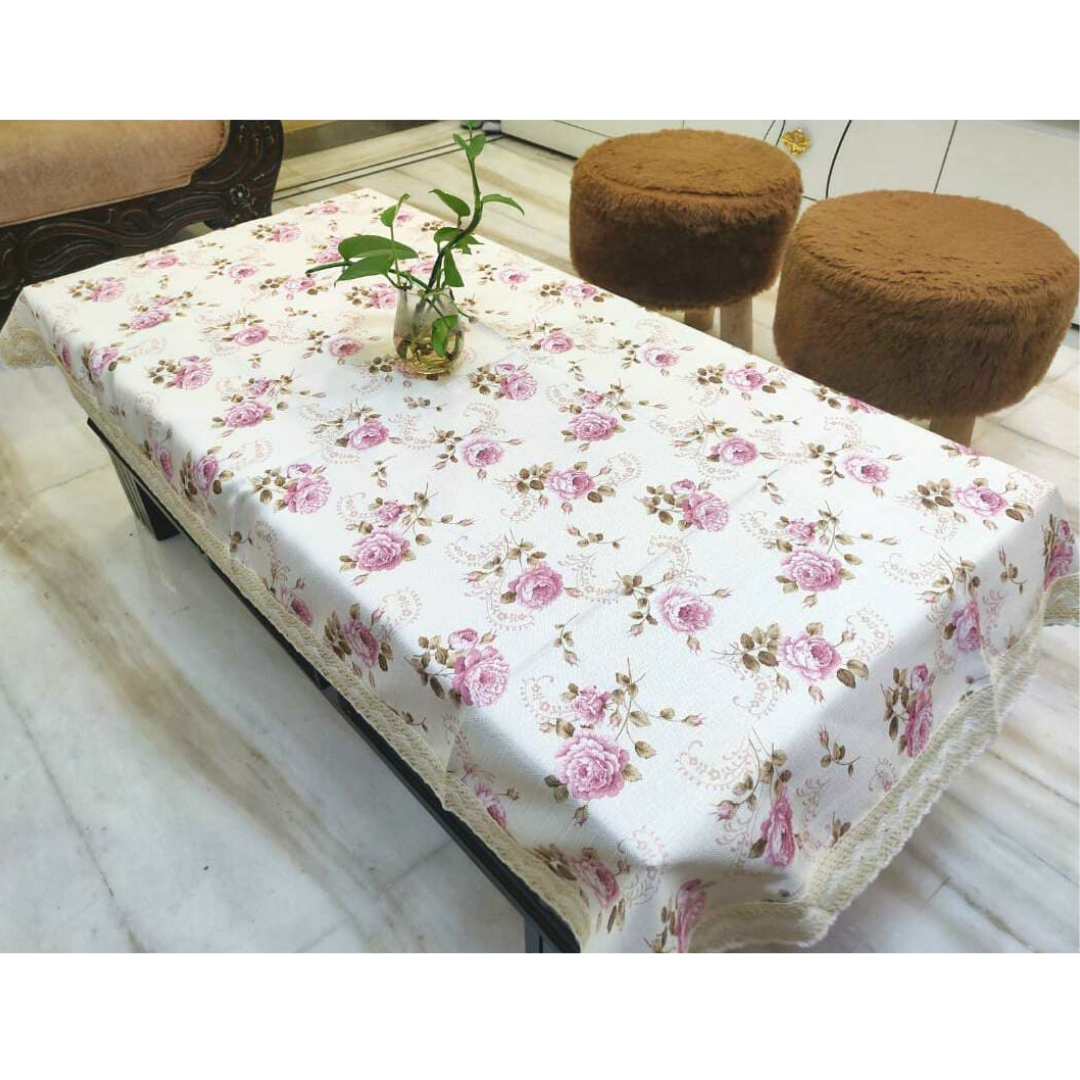 purple colour flowers printed on jute center table cover borders designed with 3 inches designer cotton lace