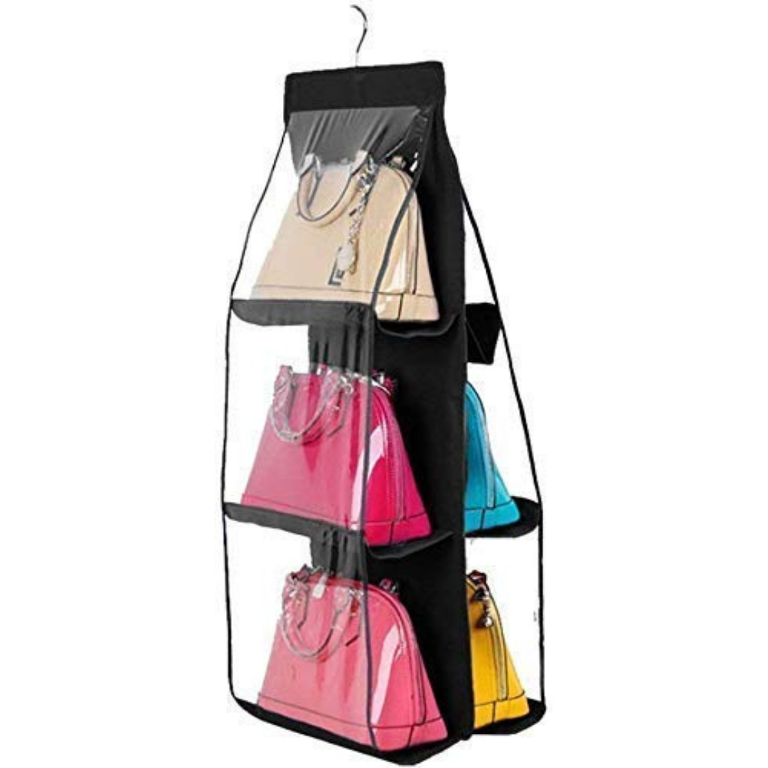 loomsmith-hanging-handbag-Organizer-transparent-six-pockets-wardrobe-dust-proof-black-color