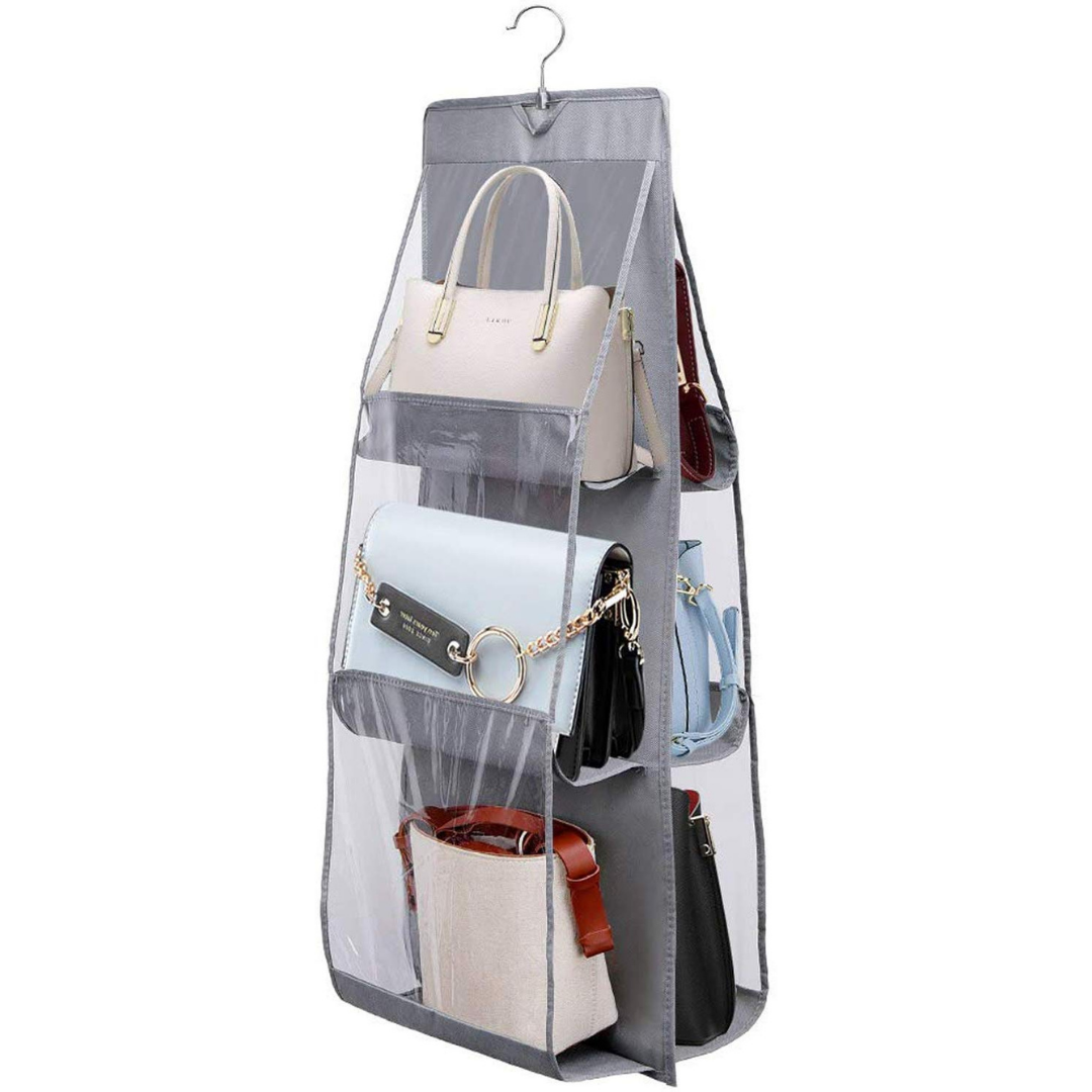 loomsmith-hanging-handbag-Organizer-transparent-six-pockets-wardrobe-dust-proof-grey-color