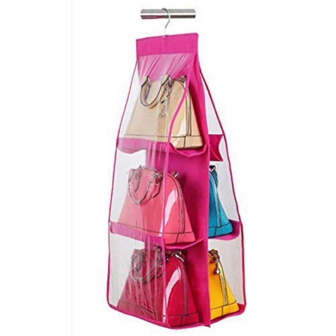 loomsmith-hanging-handbag-Organizer-transparent-six-pockets-wardrobe-dust-proof-pink-color