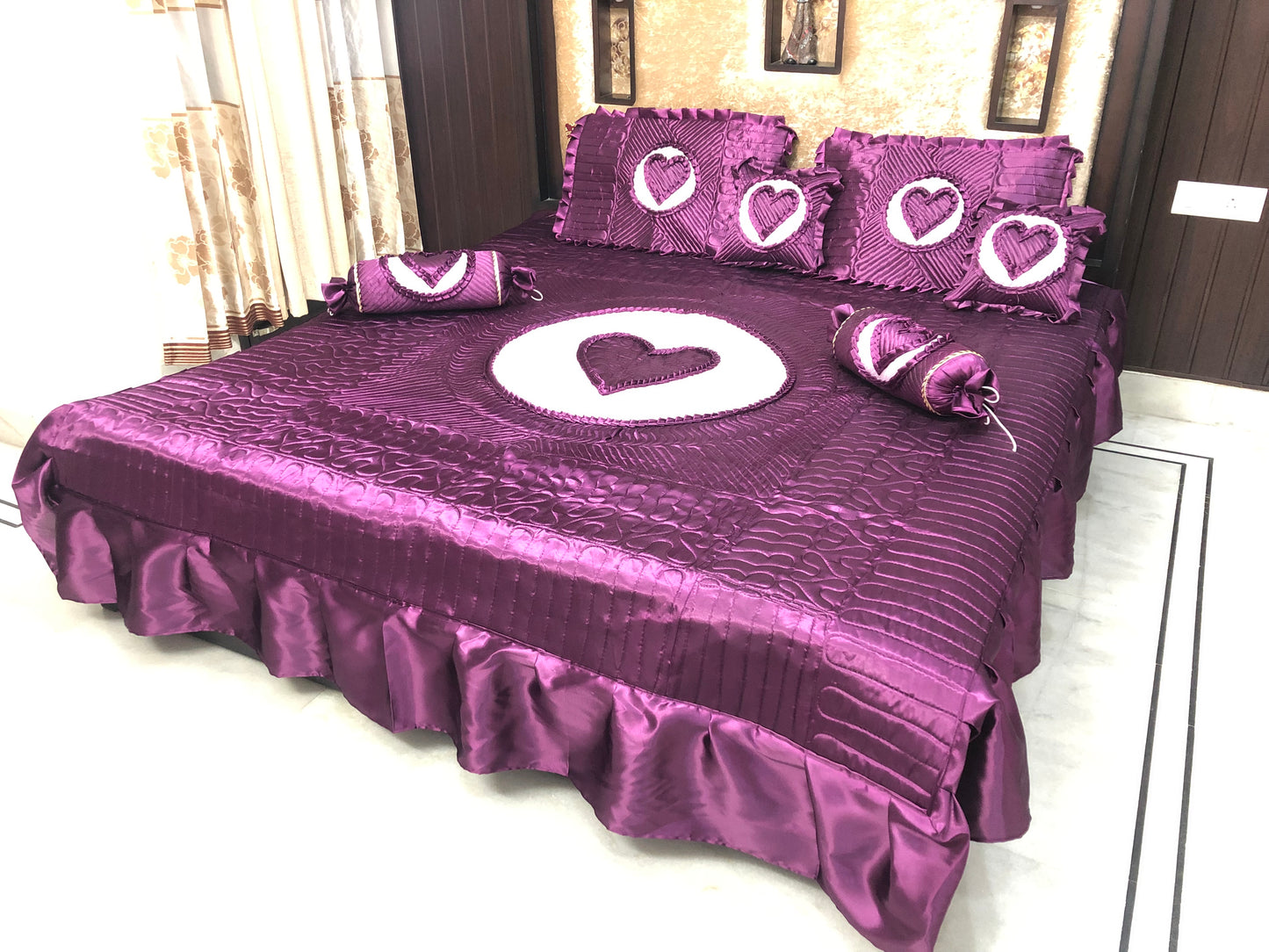 loomsmith-satin-bedsheet-set-of-7-heart-design-in-wine-color-two-filled-cushions-two-filled-bolsters-King-Size-set-two-pillow-covers