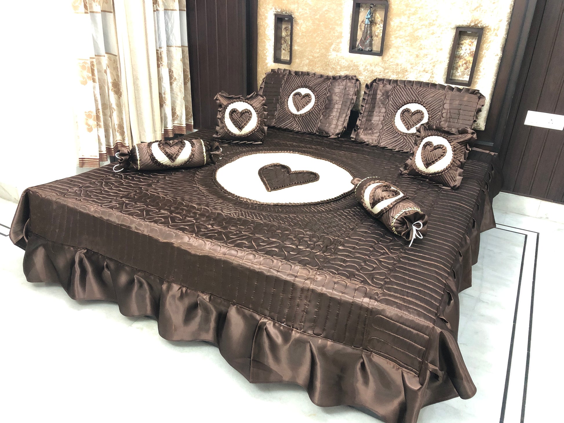 loomsmith-satin-bedsheet-set-of-7-heart-design-in-coffee-color-two-filled-cushions-two-filled-bolsters-King-Size-set-two-pillow-covers