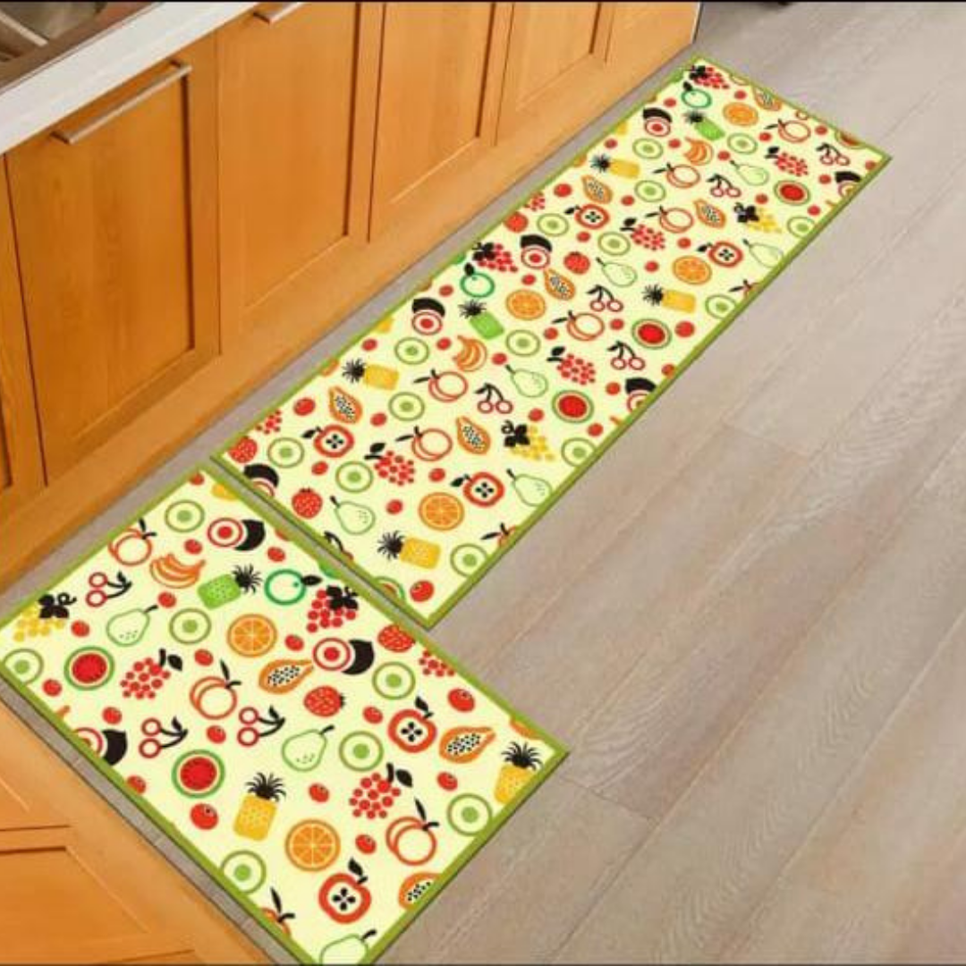 Loomsmith-antiskid-kitchen-floor-mat-lemon-yellow-color-small-fruits-doodling-print-two-pieces-set