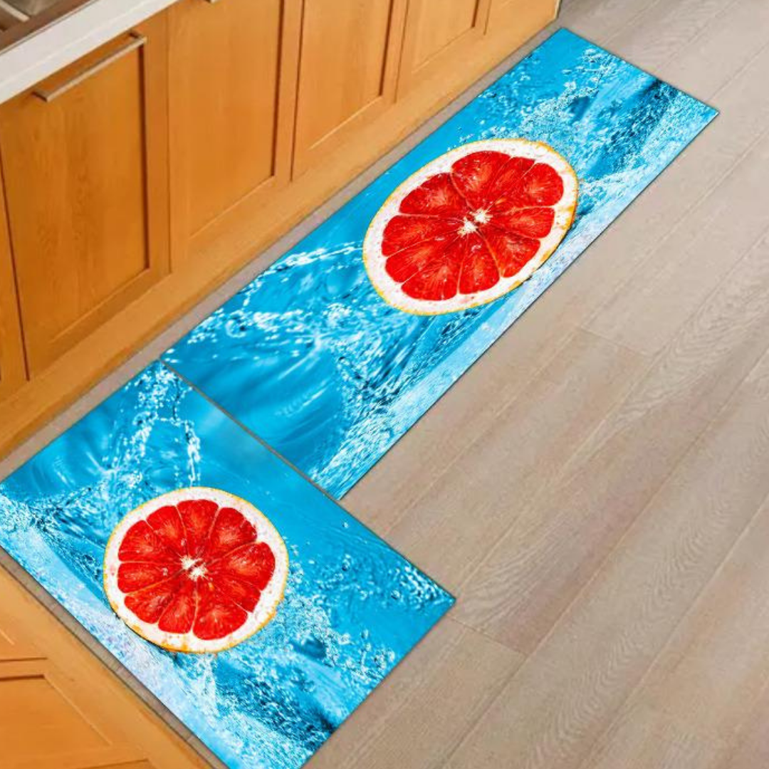 Loomsmith-antiskid-kitchen-floor-mat-sky-blue-color-water-fruit-print-two-pieces-set