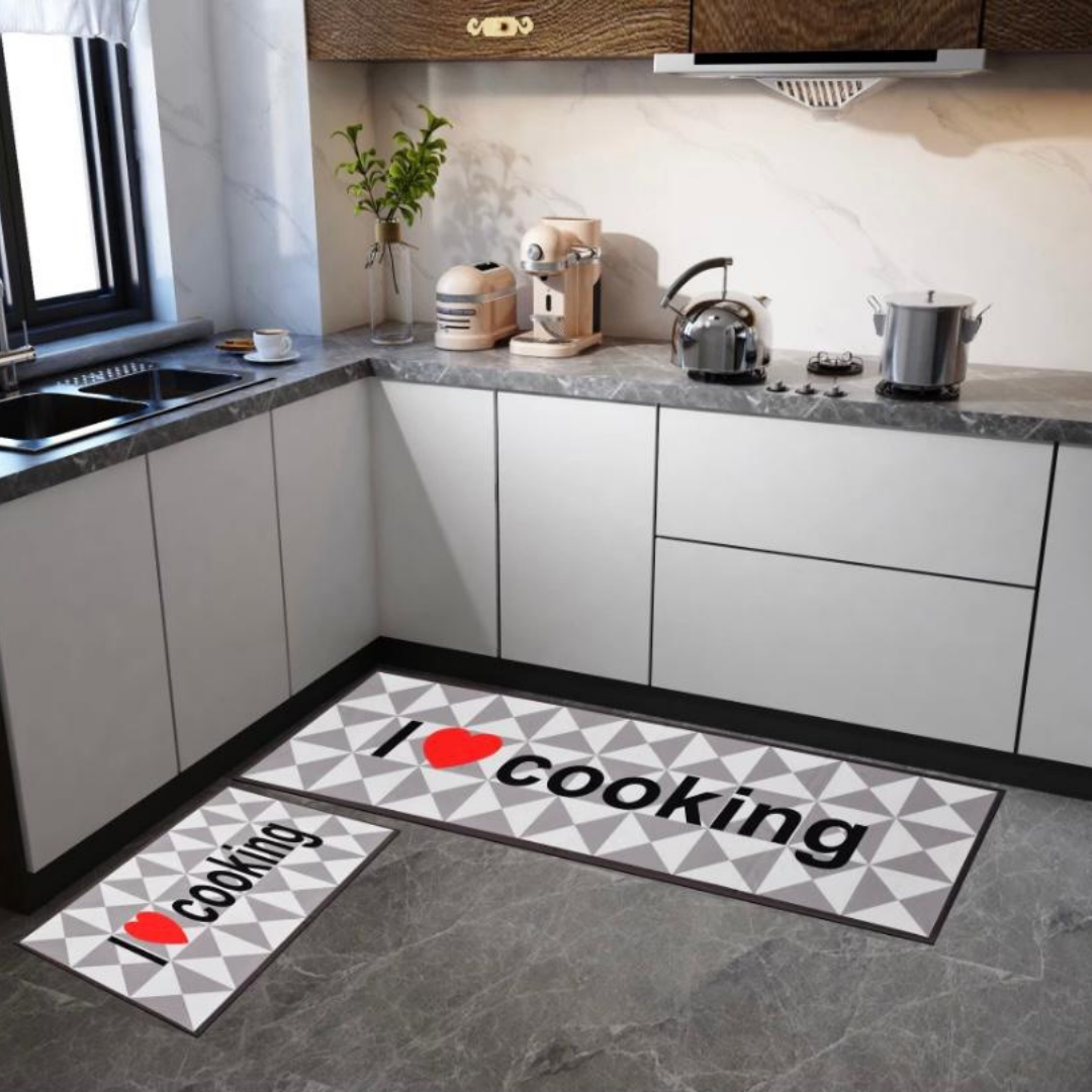 Loomsmith-antiskid-kitchen-floor-mat-white-color-love-cooking-printed-words-two-pieces-set-with-triangles