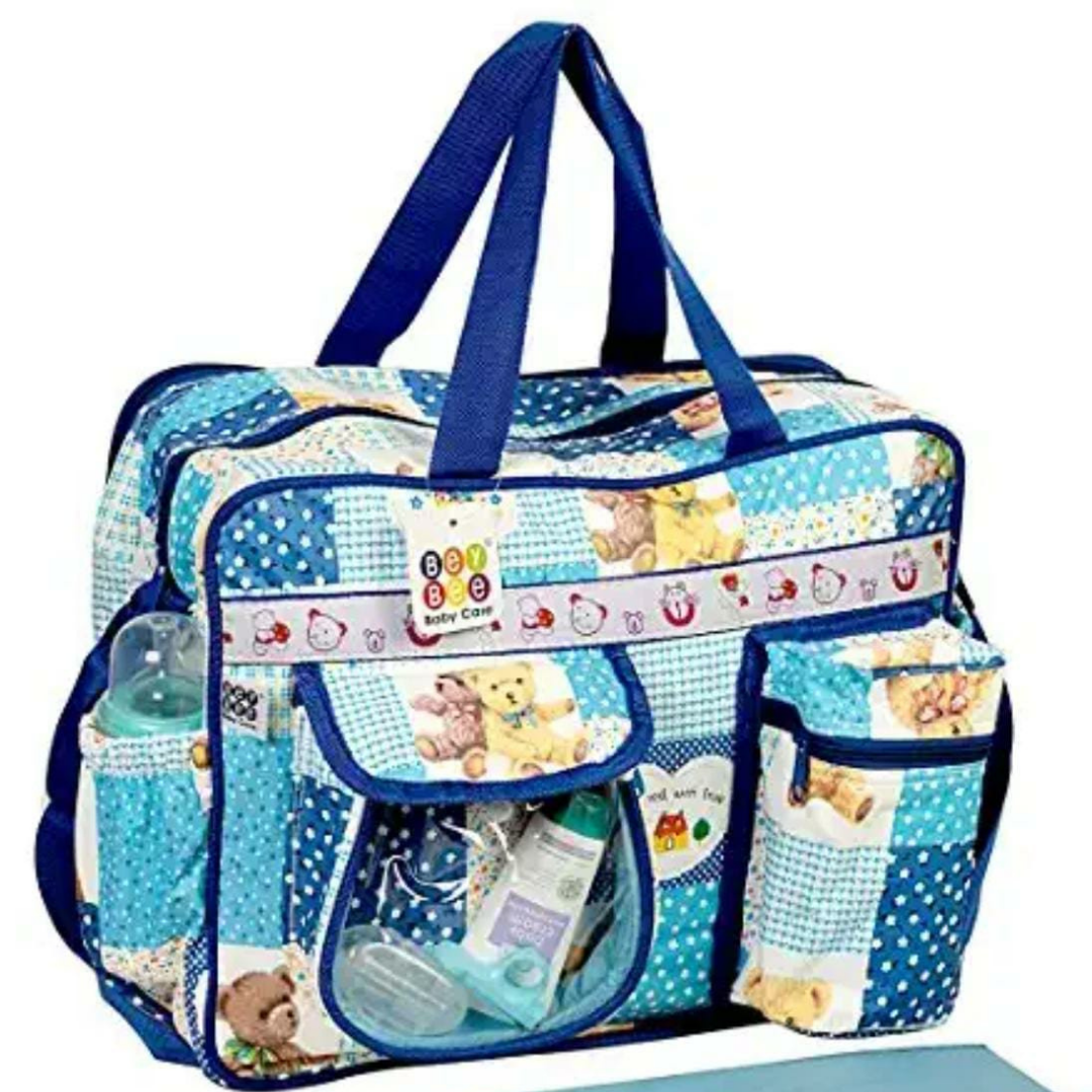 baby diaper bag for mothers waterproof easy to carry with adjustable shoulder strap in blue color with tranparent pocket in front