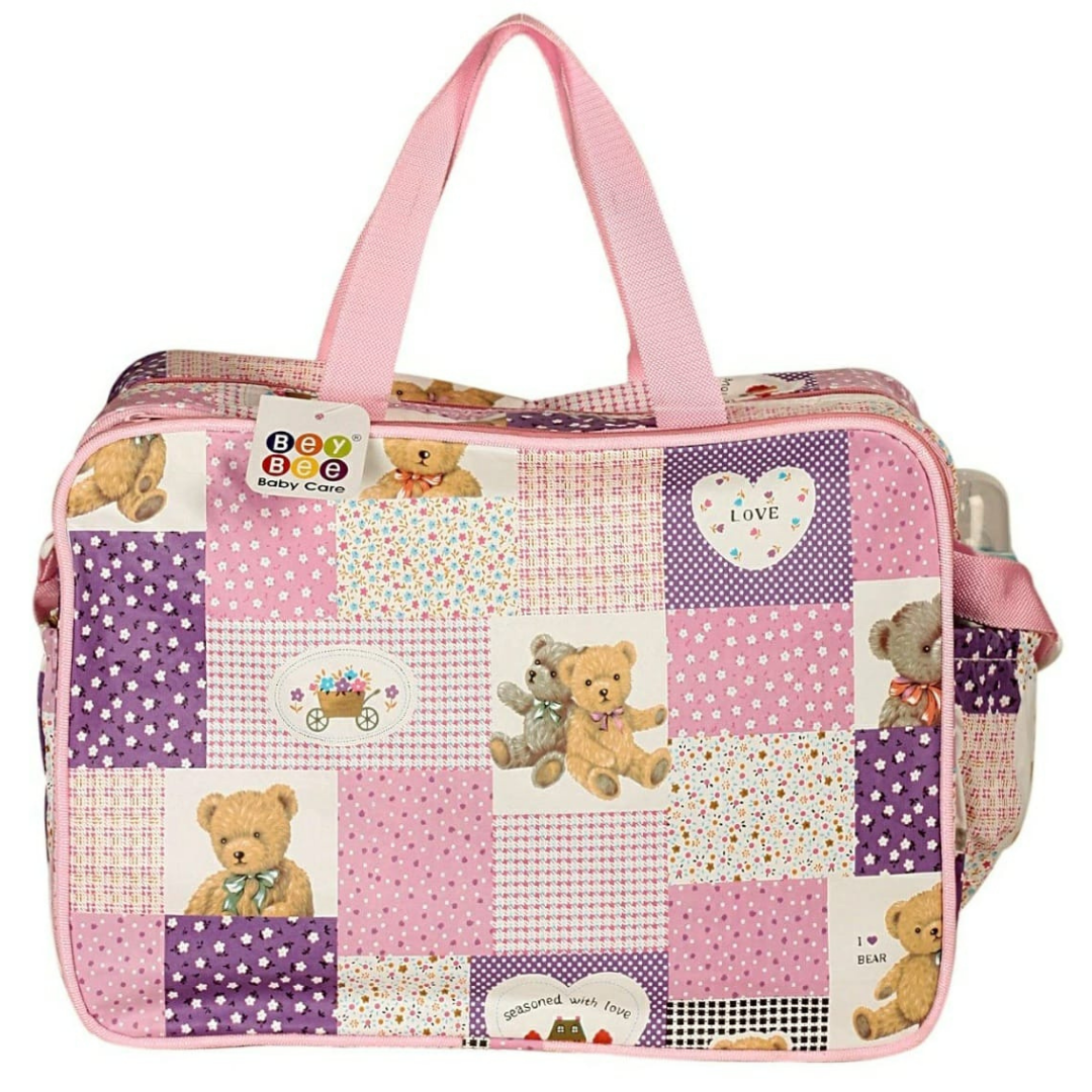 baby diaper bag for mothers waterproof easy to carry with adjustable shoulder strap in pink color back side view teddy prints in check