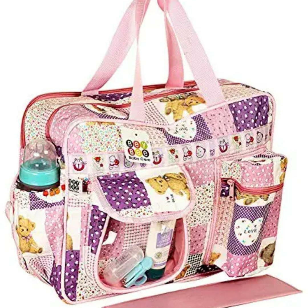 baby diaper bag for mothers waterproof easy to carry with adjustable shoulder strap in Baby pink color with tranparent pocket in front