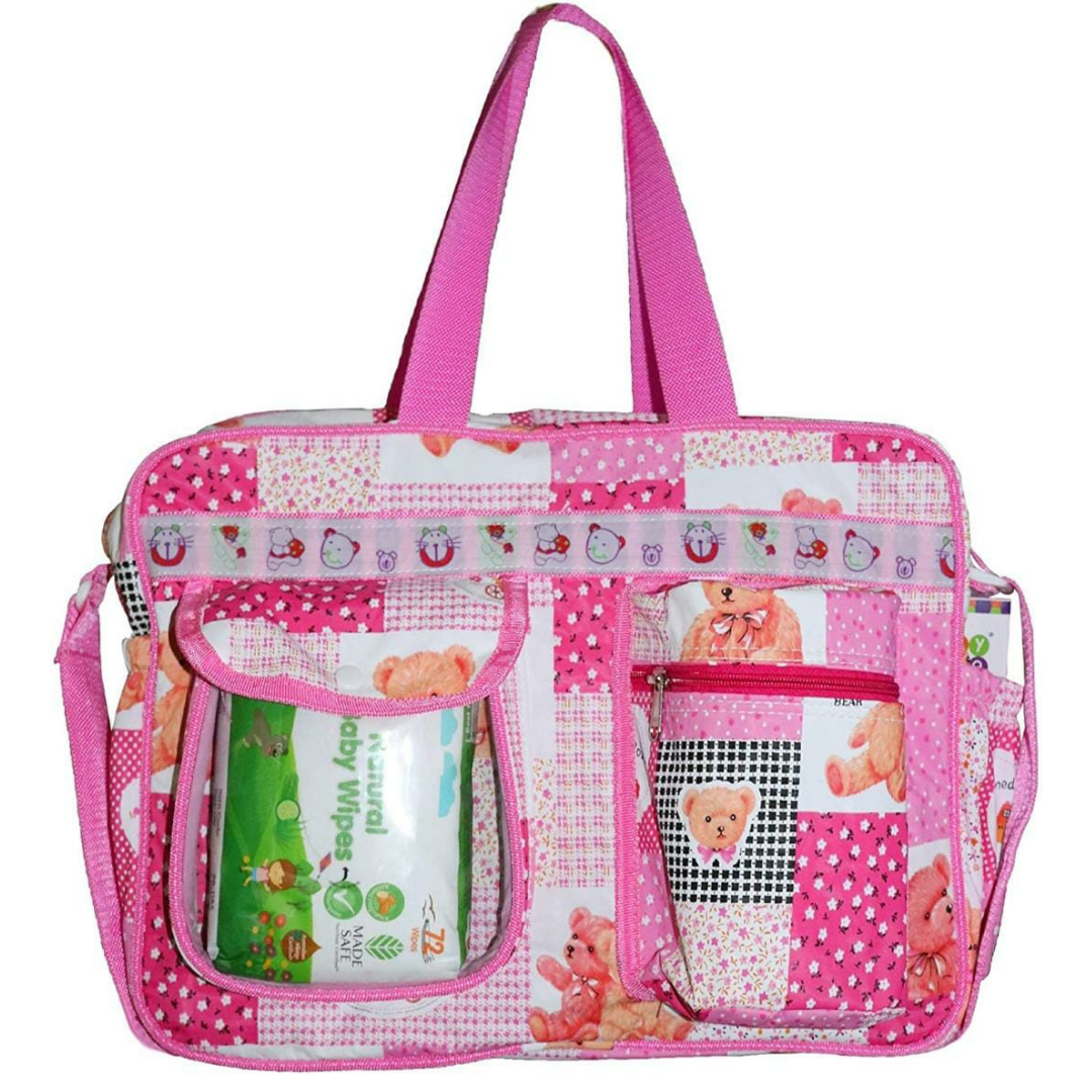 baby diaper bag for mothers waterproof easy to carry with adjustable shoulder strap in pink color with tranparent pocket in front