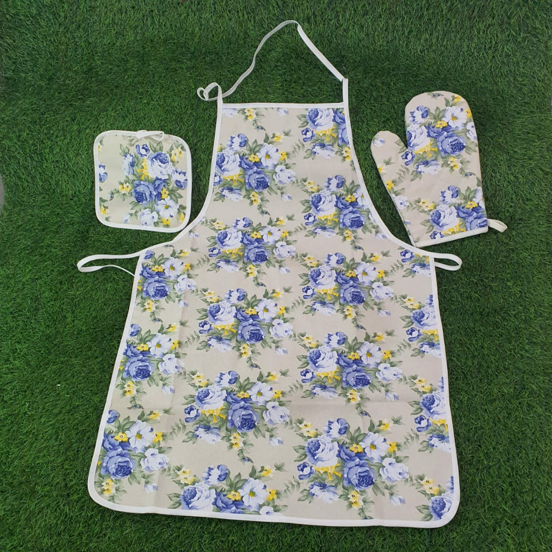 loomsmith-floral-printed-kitchen-apron-set-of-three-in-blue-apron-insulation-pad-and-glove-apron-with-neck-string-and-front-string-to-make-knot-on-back-flove-for-oven-use-to-hold-hot-utensil-pad-to-keep-hot-thimg-on-it