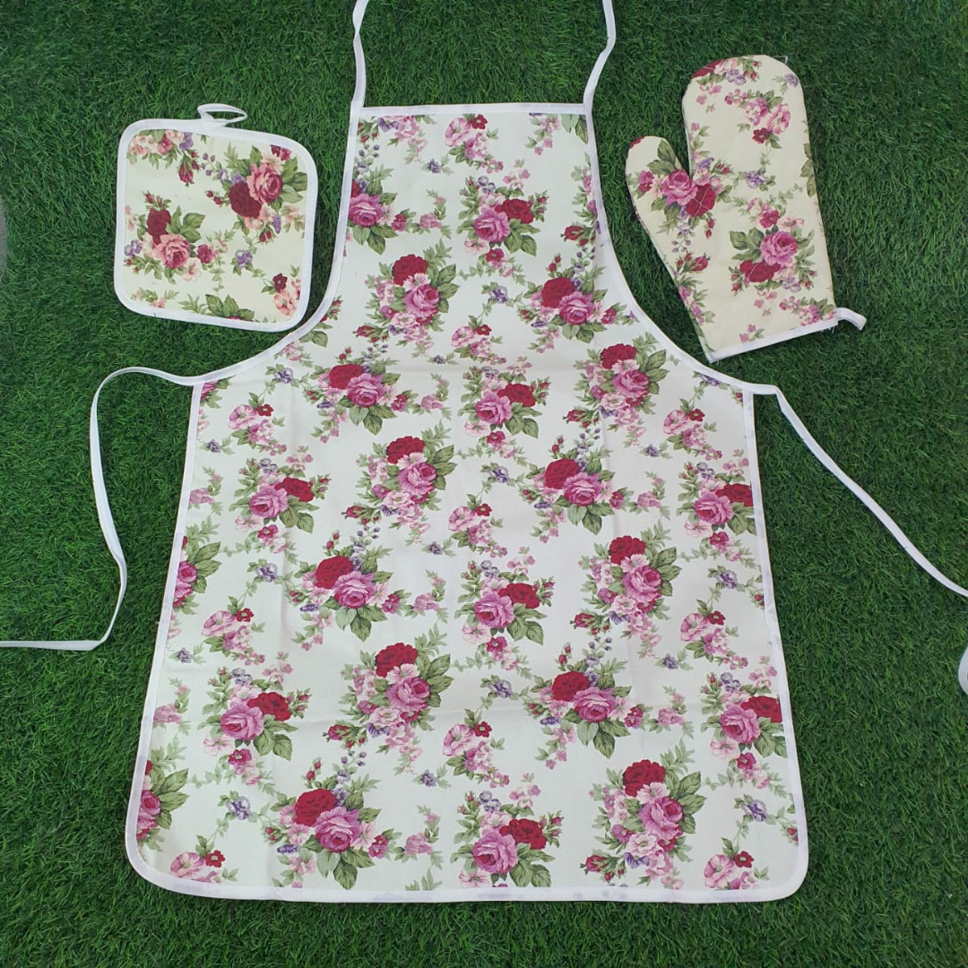 loomsmith-floral-printed-kitchen-apron-set-of-three-in-fuchsia-pink-apron-insulation-pad-and-glove-apron-with-neck-string-and-front-string-to-make-knot-on-back-flove-for-oven-use-to-hold-hot-utensil-pad-to-keep-hot-thimg-on-it