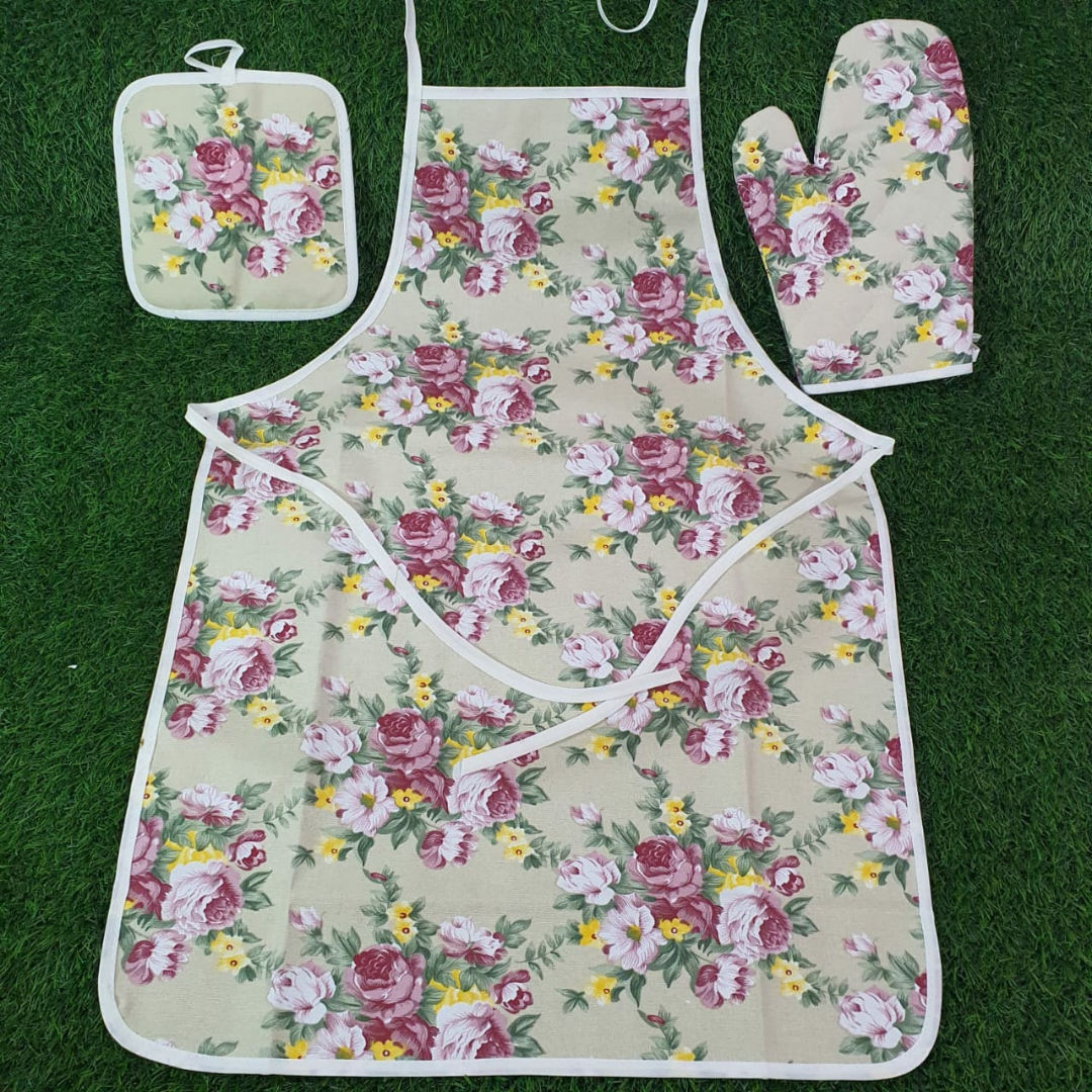 loomsmith-floral-printed-kitchen-apron-set-of-three-in-pink-apron-insulation-pad-and-glove-apron-with-neck-string-and-front-string-to-make-knot-on-back-flove-for-oven-use-to-hold-hot-utensil-pad-to-keep-hot-thimg-on-it