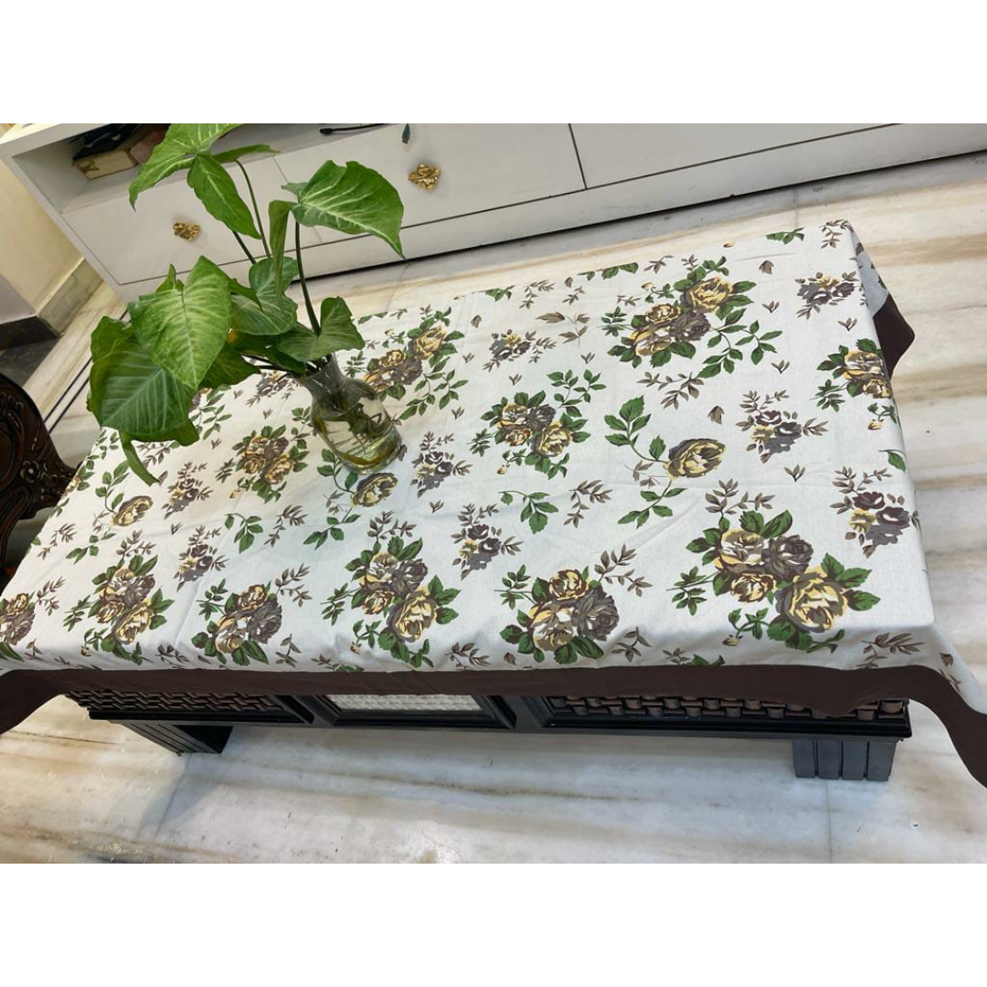 Loomsmith-floral-printed-cotton-fabric-table-cover-with-coffee-border-plant-placed-on-the-table