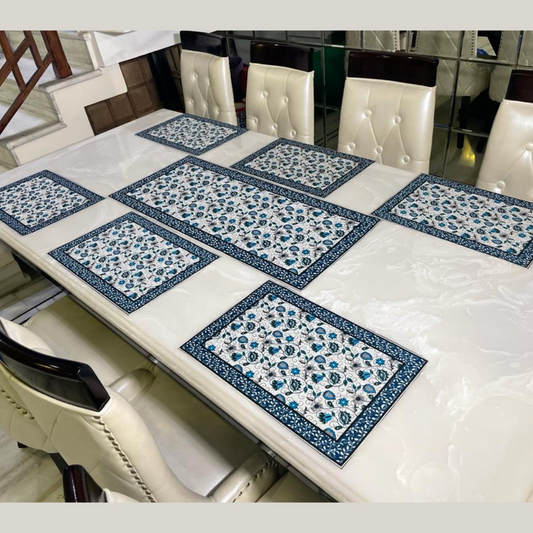 floral printed table placemats and runner set of velvet fabric heavy borders designed with floral print blue color placemat combo placed on white marble 6 seater dining table