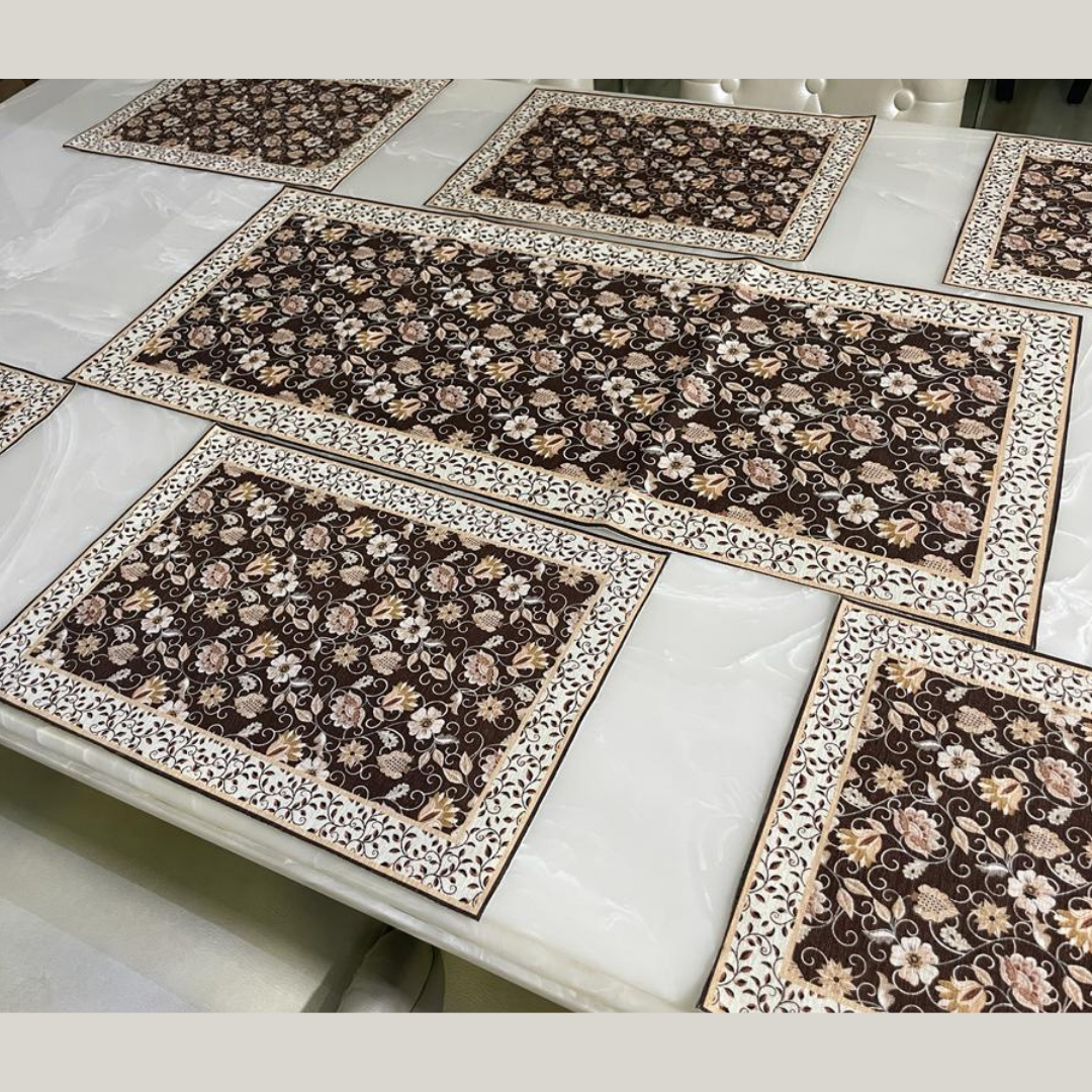 floral printed table placemat of velvet fabric heavy borders designed with floral print brown color placemat and runner zoom placed on white marble 6 seater dining table