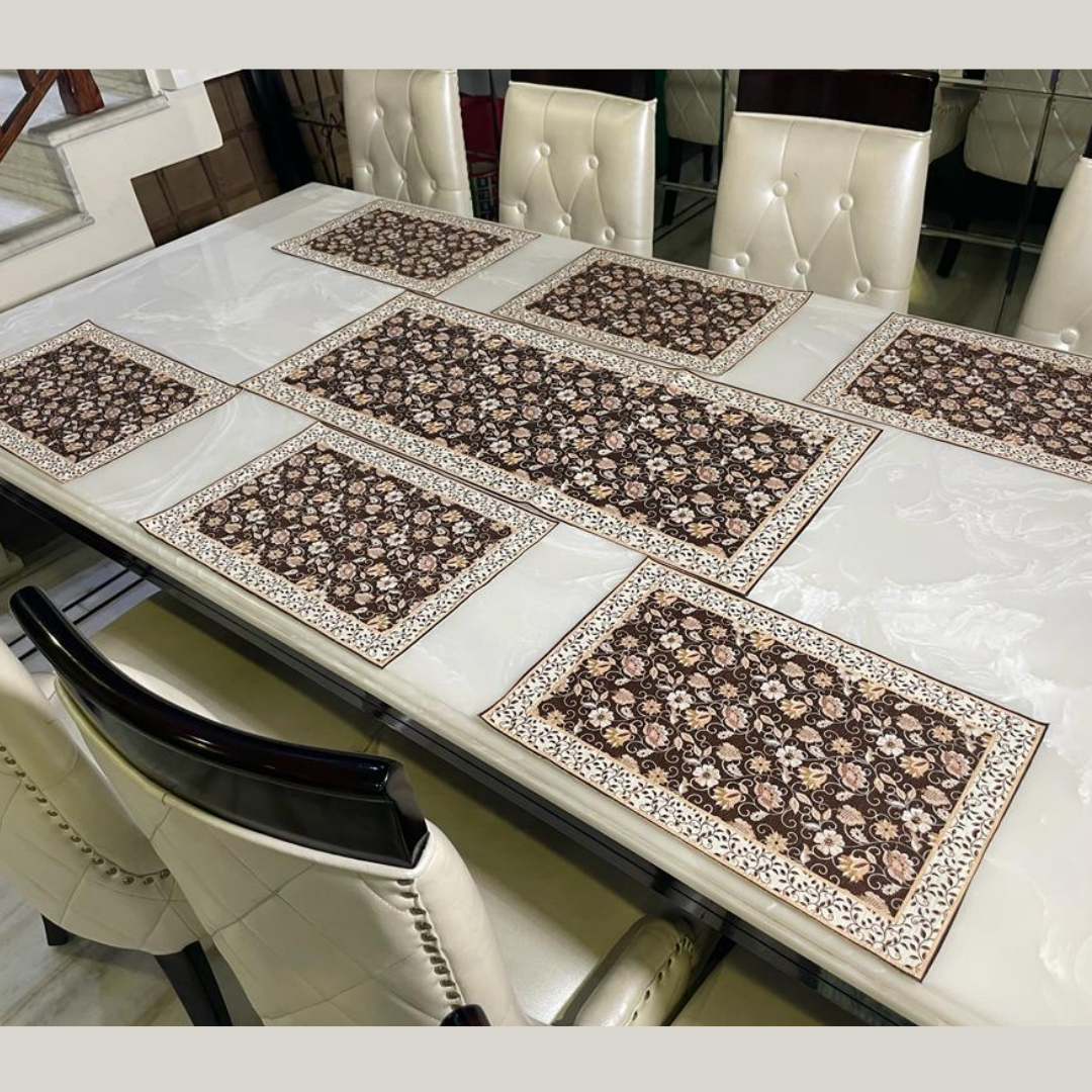 floral printed table placemats and runner set of velvet fabric heavy borders designed with floral print brown color placemat combo placed on white marble 6 seater dining table