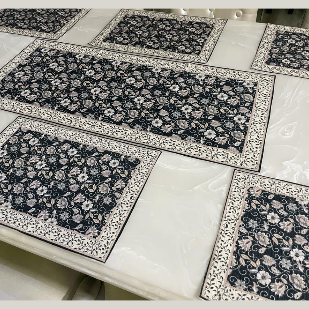floral printed table placemat of velvet fabric heavy borders designed with floral print grey color placemat and runner zoom placed on white marble 6 seater dining table