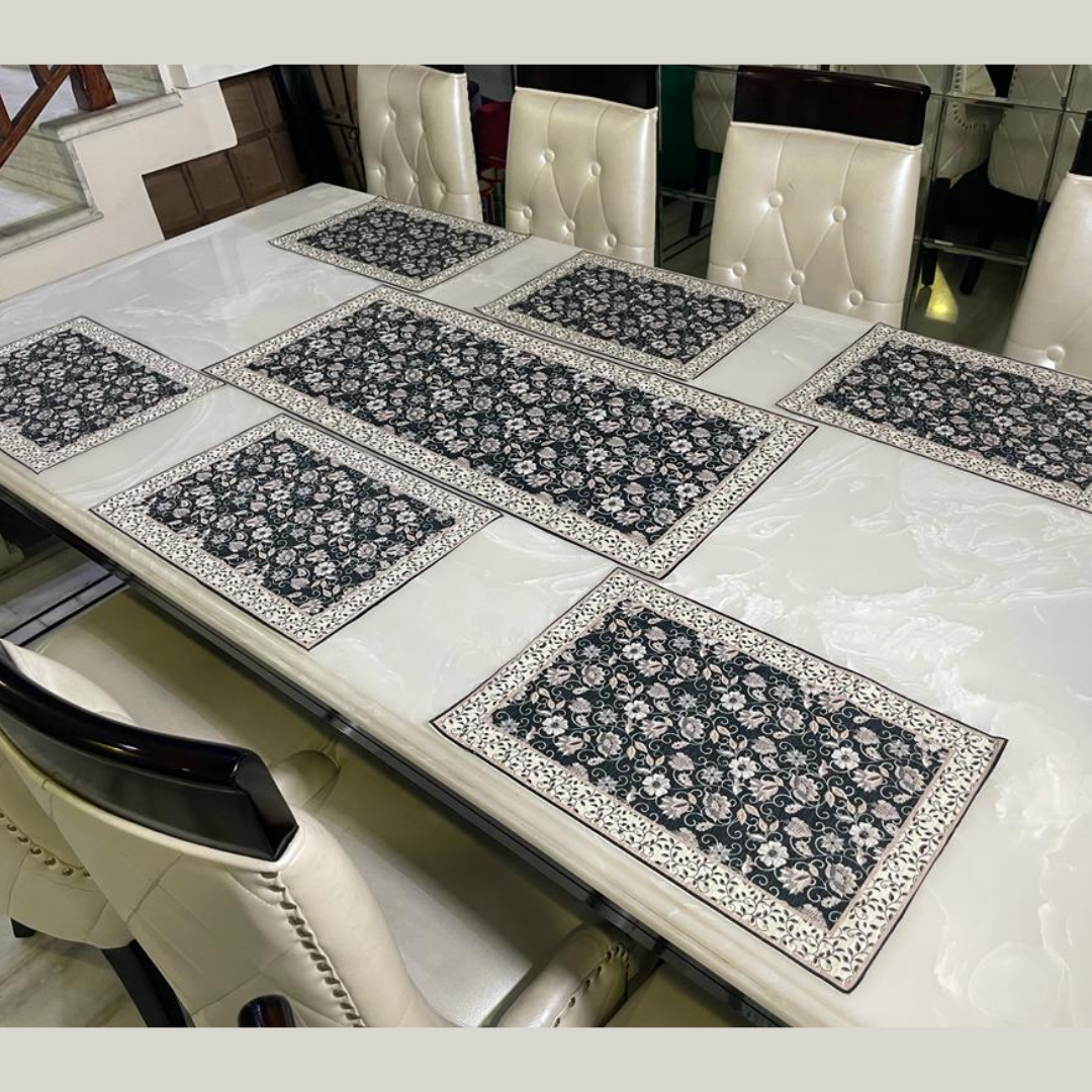 floral printed table placemats and runner set of velvet fabric heavy borders designed with floral print grey color placemat combo placed on white marble 6 seater dining table