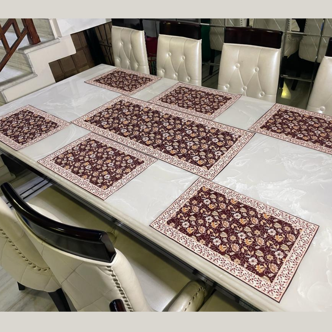 floral printed table placemats and runner set of velvet fabric heavy borders designed with floral print red color placemat combo placed on white marble 6 seater dining table