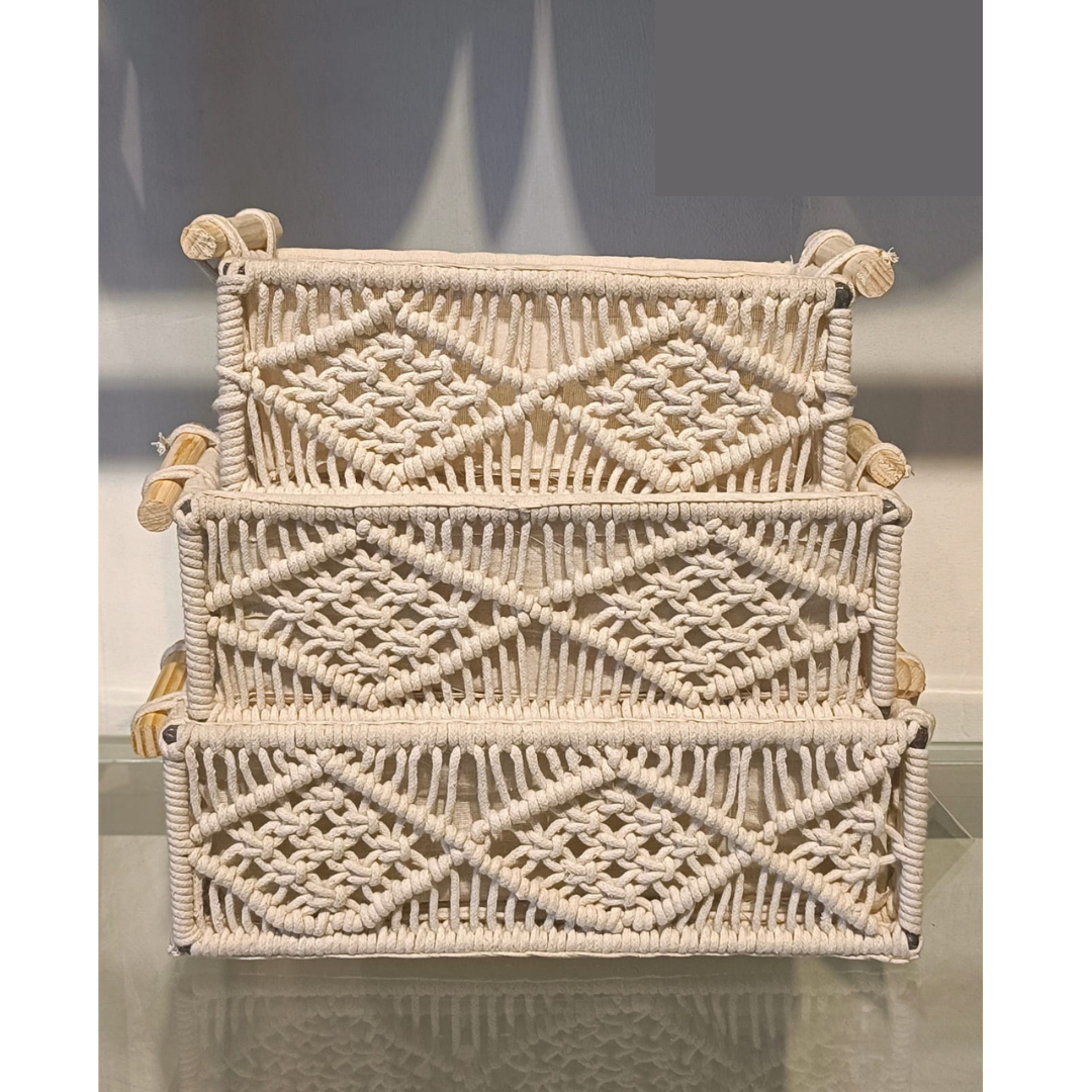 Macrame-Basket-with-wooden-Handles-Set-of 3 Knotted-Design 