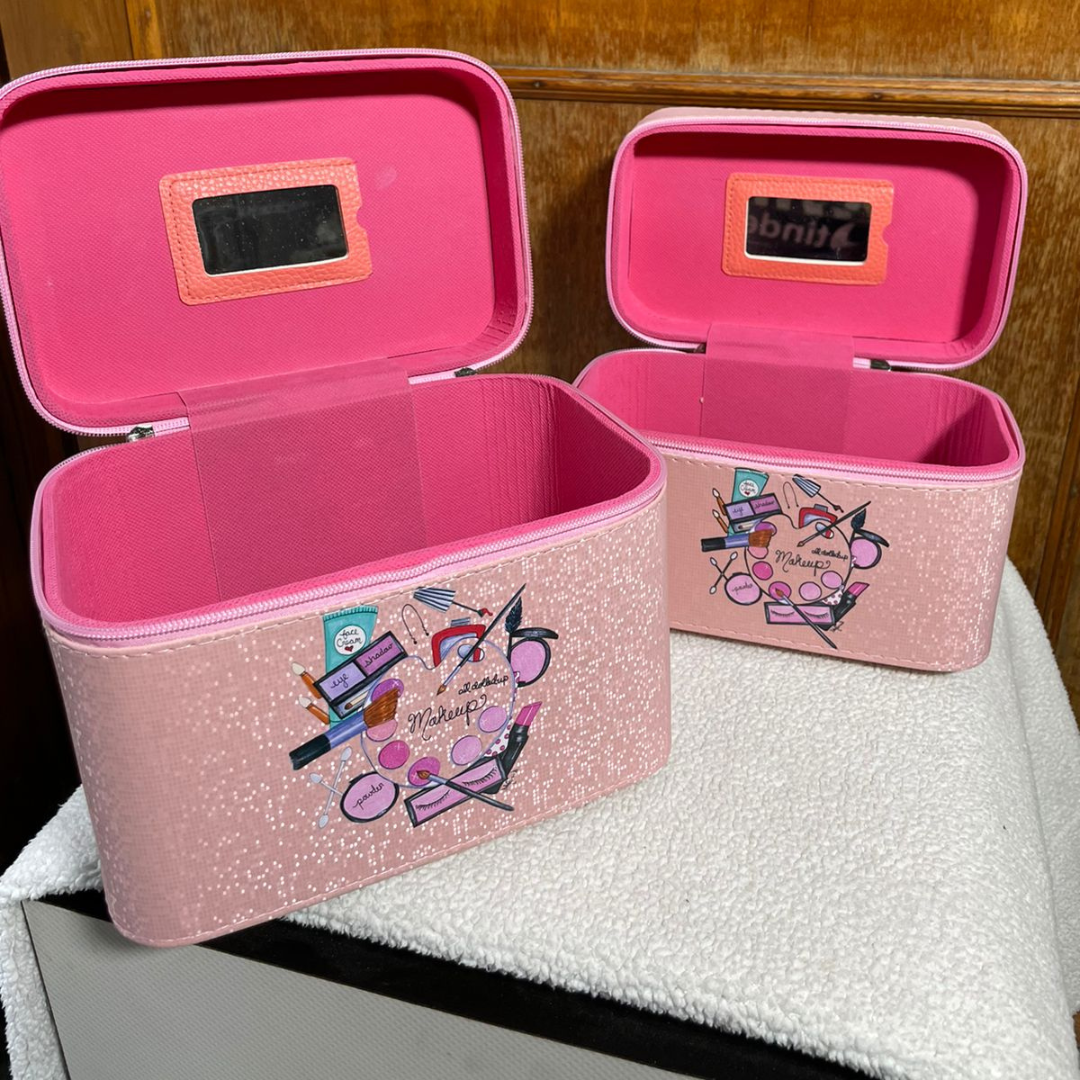 1 small and 1 large vanity cosmetic box in Baby pink color printed in cosmetic design