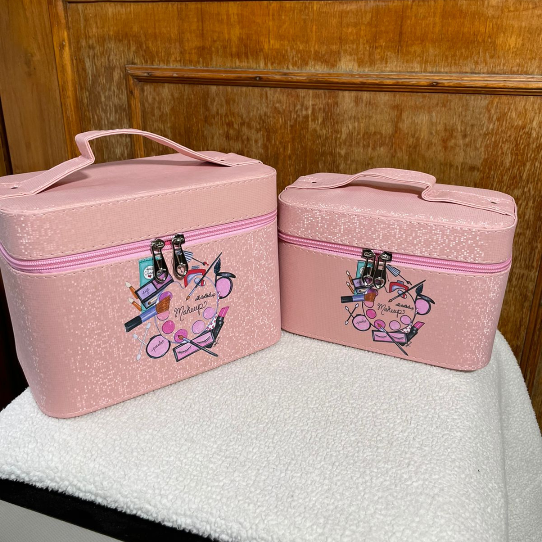 PU leather vanity box set of 2 with shiny effect in baby pink color box with double zipper closure and strong handles on top to carry