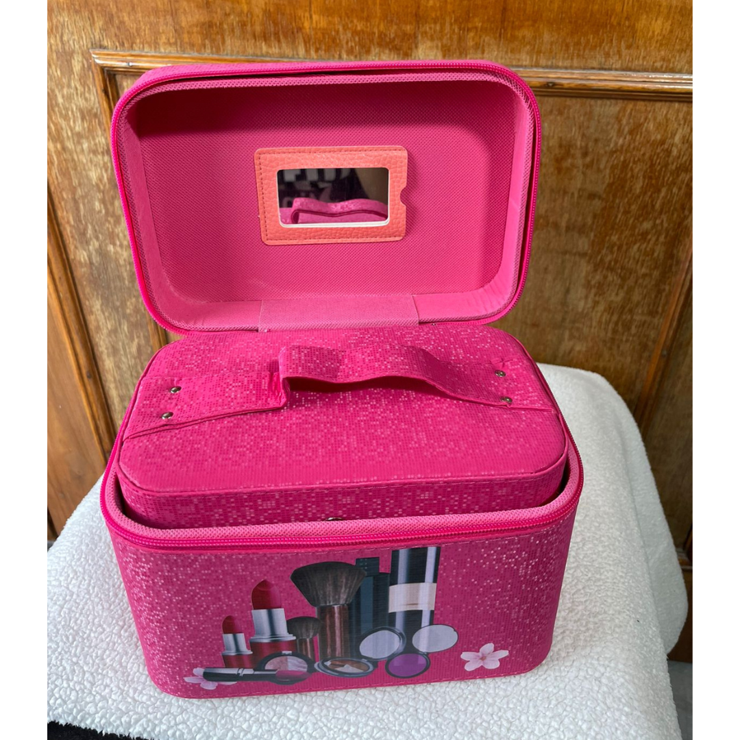 1 small and 1 large vanity cosmetic box in dark pink color printed in cosmetic design