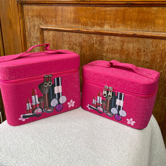 PU leather vanity box set of 2 with shiny effect in baby pink color box with double zipper closure and strong handles on top to carry
