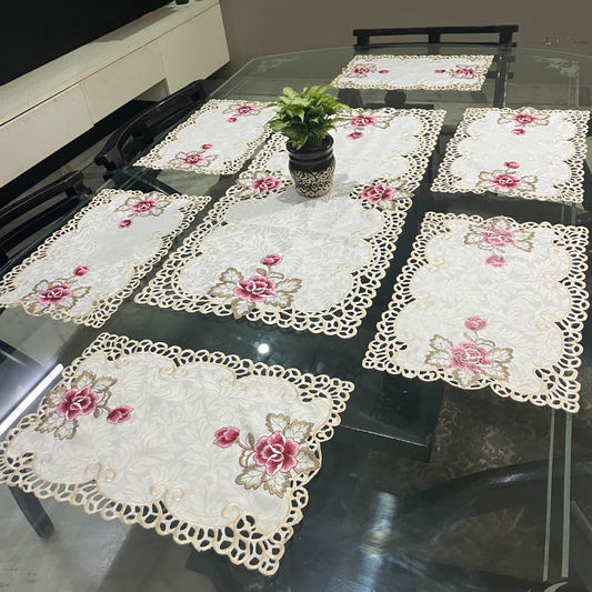 tissue dining placemats & runner on glass dining table borders designed with cutwork pattern floral embroidered dining mats for 6 seater dining table