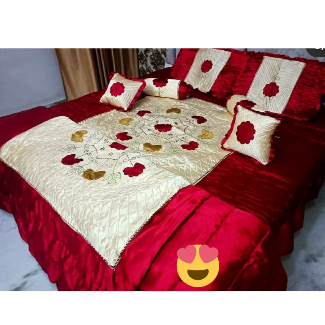 Loomsmith-satin-wedding-bedsheet-8pcs-set-king-size-bright-colour-two-pillow-two-bolster-two-cushions-one-quilt-and-one-bedsheet-pillows-cushions-quilt-are-placed-on-bed-with-