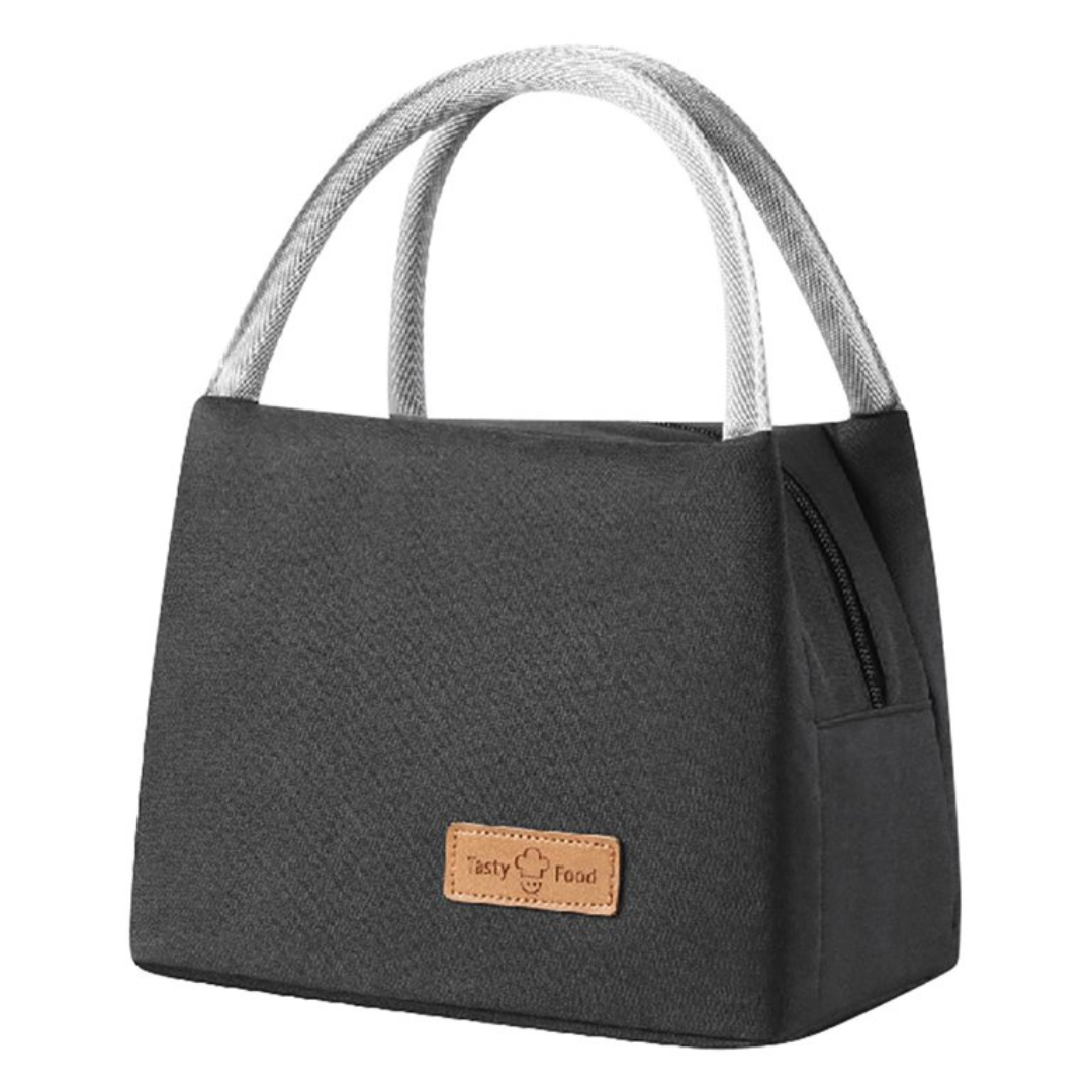 solid black color lunch bag with zipper closure strong handles in grey color leather label