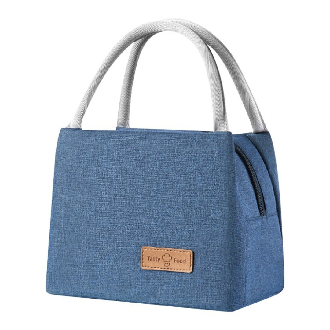 solid blue color lunch bag with zipper closure strong handles in grey color leather label