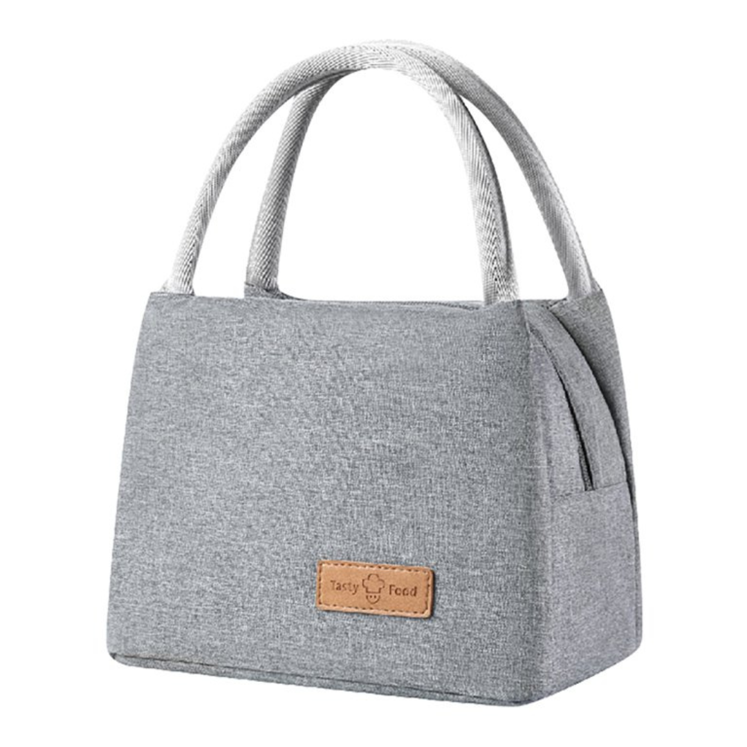 solid grey color lunch bag with zipper closure strong handles in grey color leather label