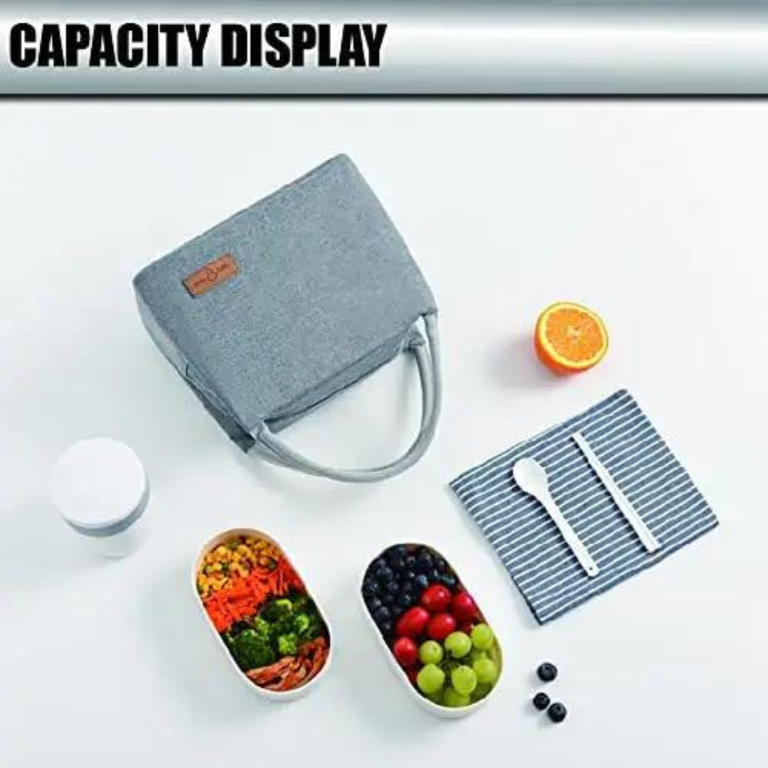 lunch bag large capacity display two tiffin one round box napkin spoons fruits