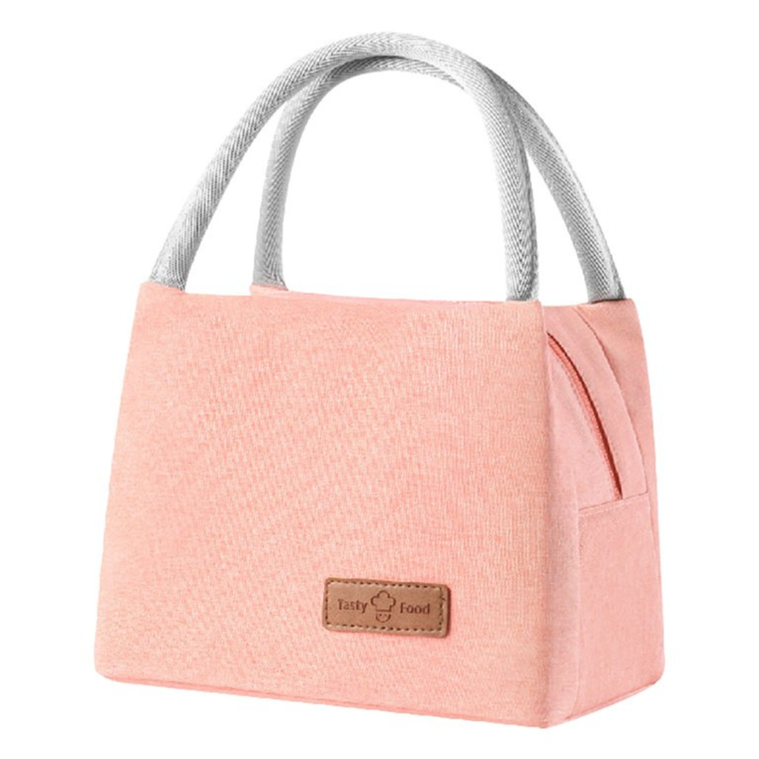 solid Pink color lunch bag with zipper closure strong handles in grey color leather label