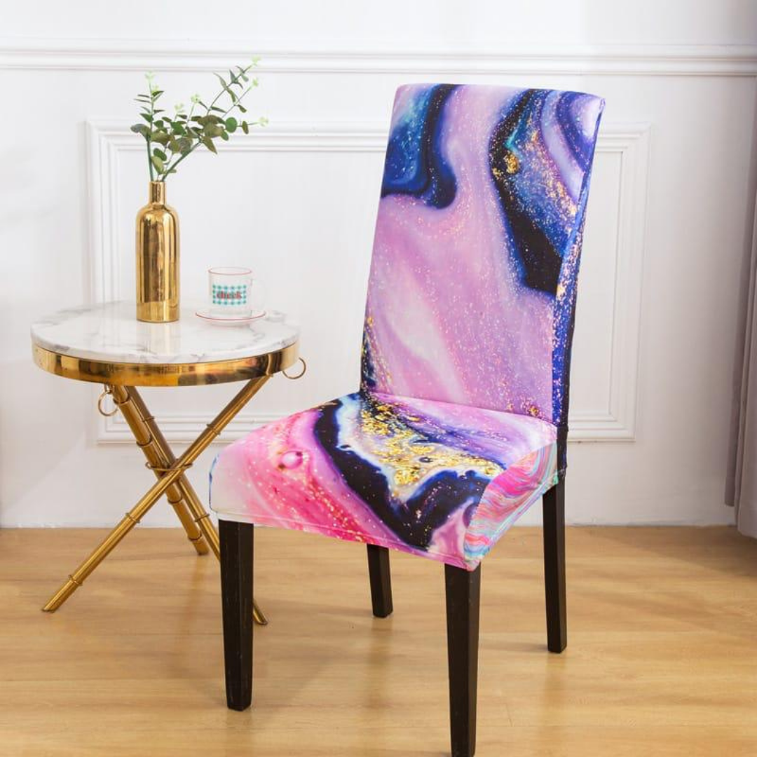 magical chair cover fully stretchable to cover the chair in galaxy print with golden, pink and blue color