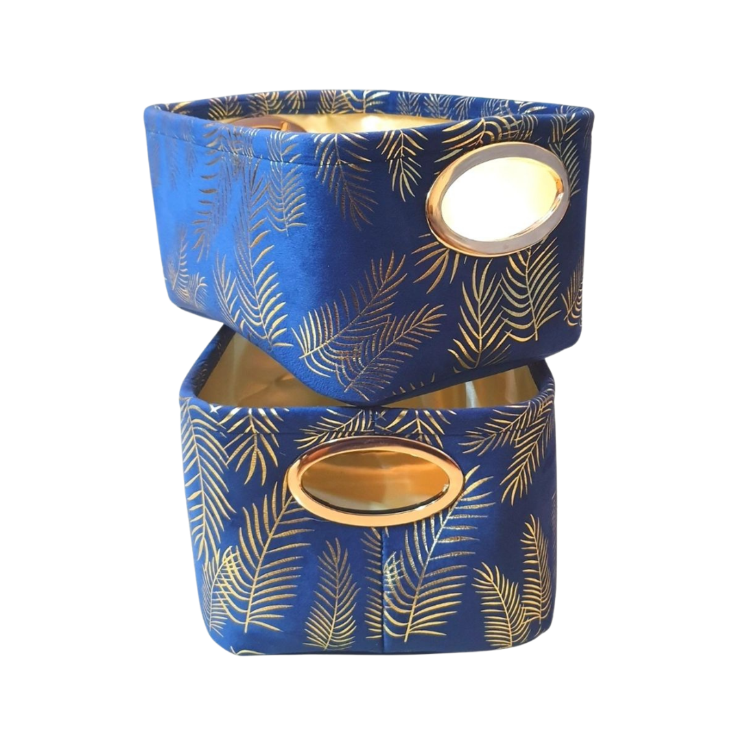 loomsmith-gold-foil-printed-basket-for-storage-gifting-in-blue-color-leaf-printed-set-of-2