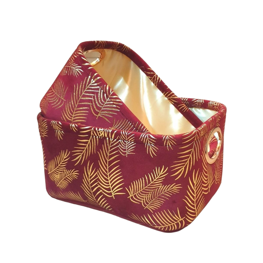 loomsmith-gold-foil-printed-basket-for-storage-gifting-in-maroon-color-leaf-printed-set-of-2