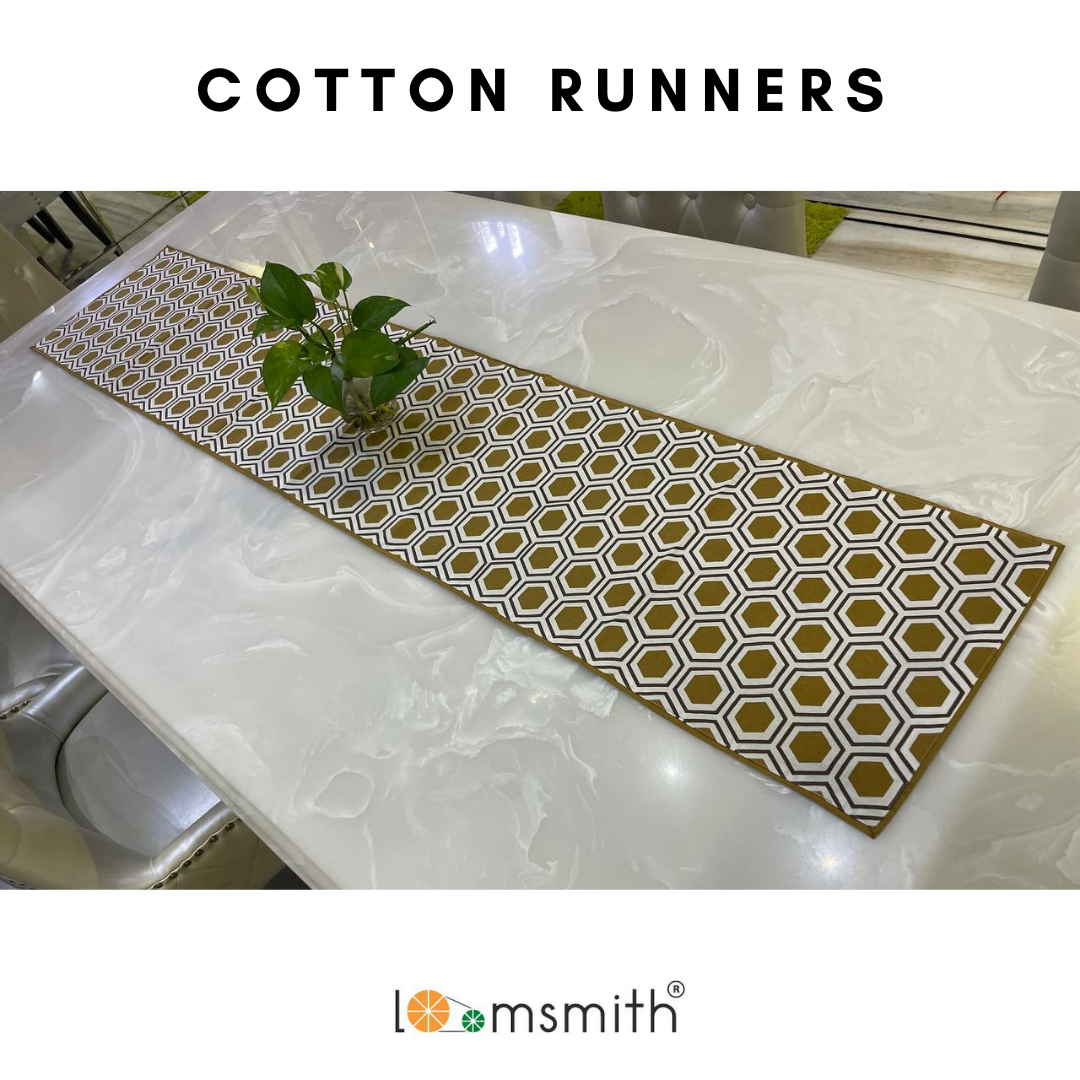 loomsmith-100%-cotton-table-runner-in-biscuit-color-printed-with-geometric-pattern-hexagon