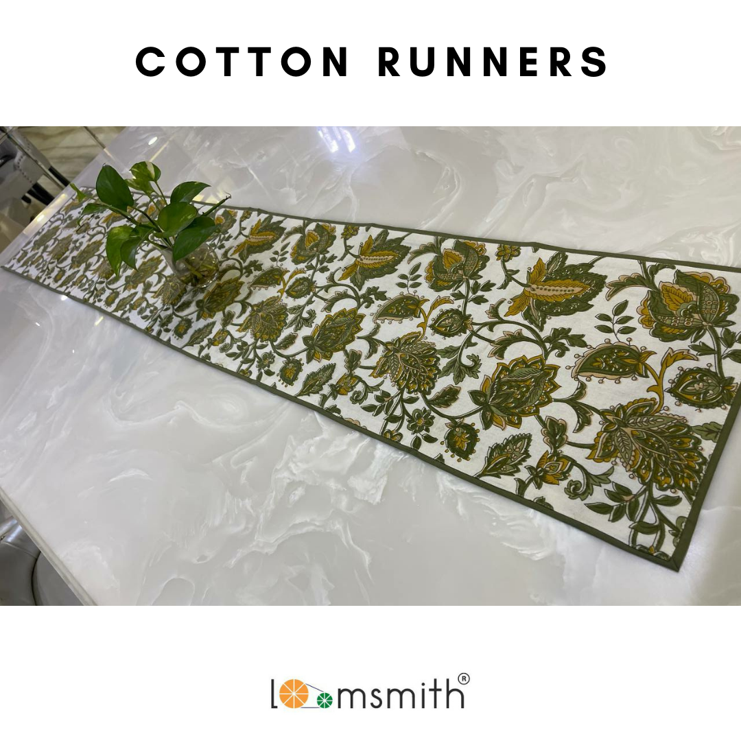loomsmith-100%-cotton-table-runner-in-dark-green-floral-printed-on-white-base-borders-sewed-in-green-fabric