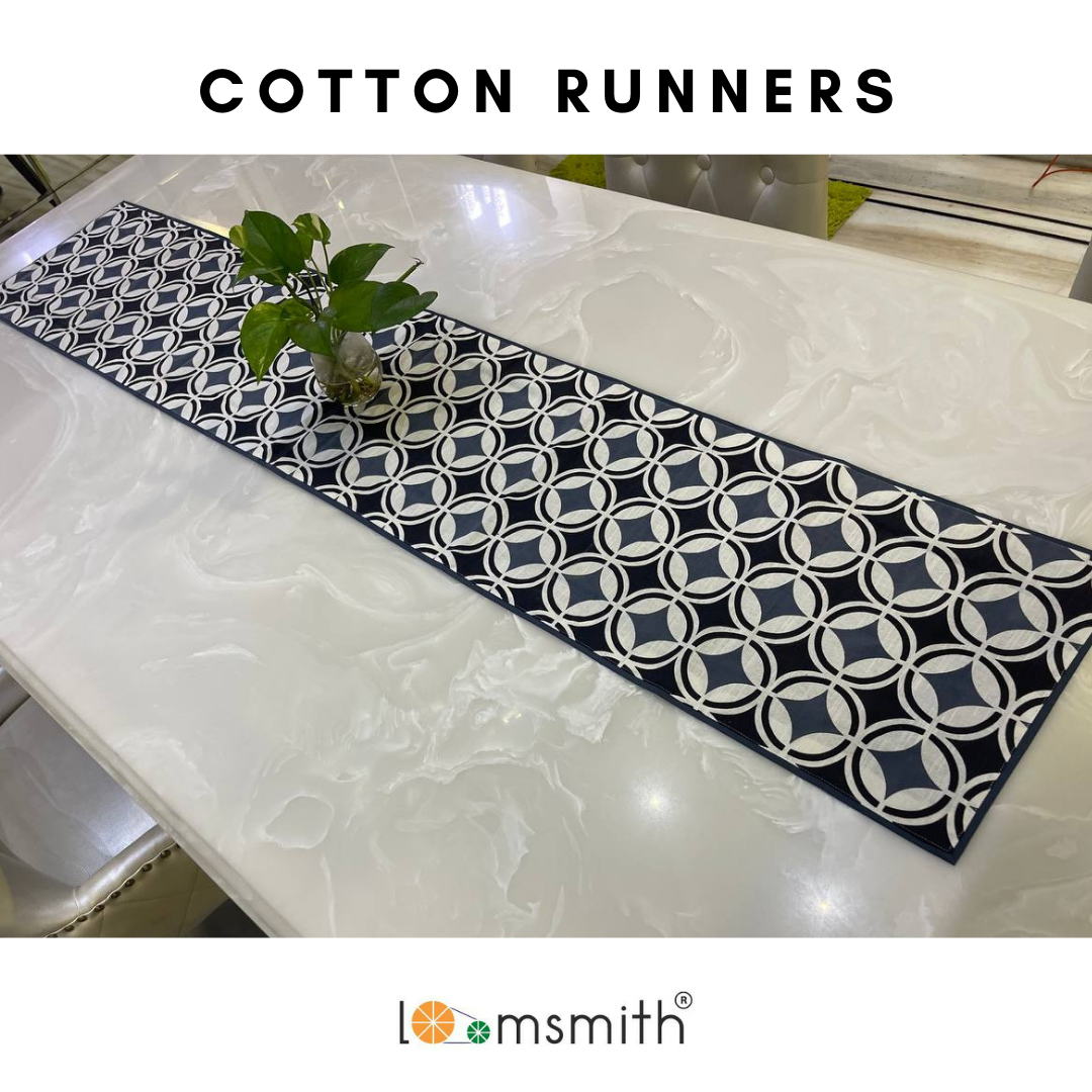 loomsmith-100%-cotton-table-runner-in-navy-color-geometric-printed-on-light-base-borders-sewed-in-navy